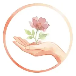 A watercolor illustration of a hand holding a pink flower.