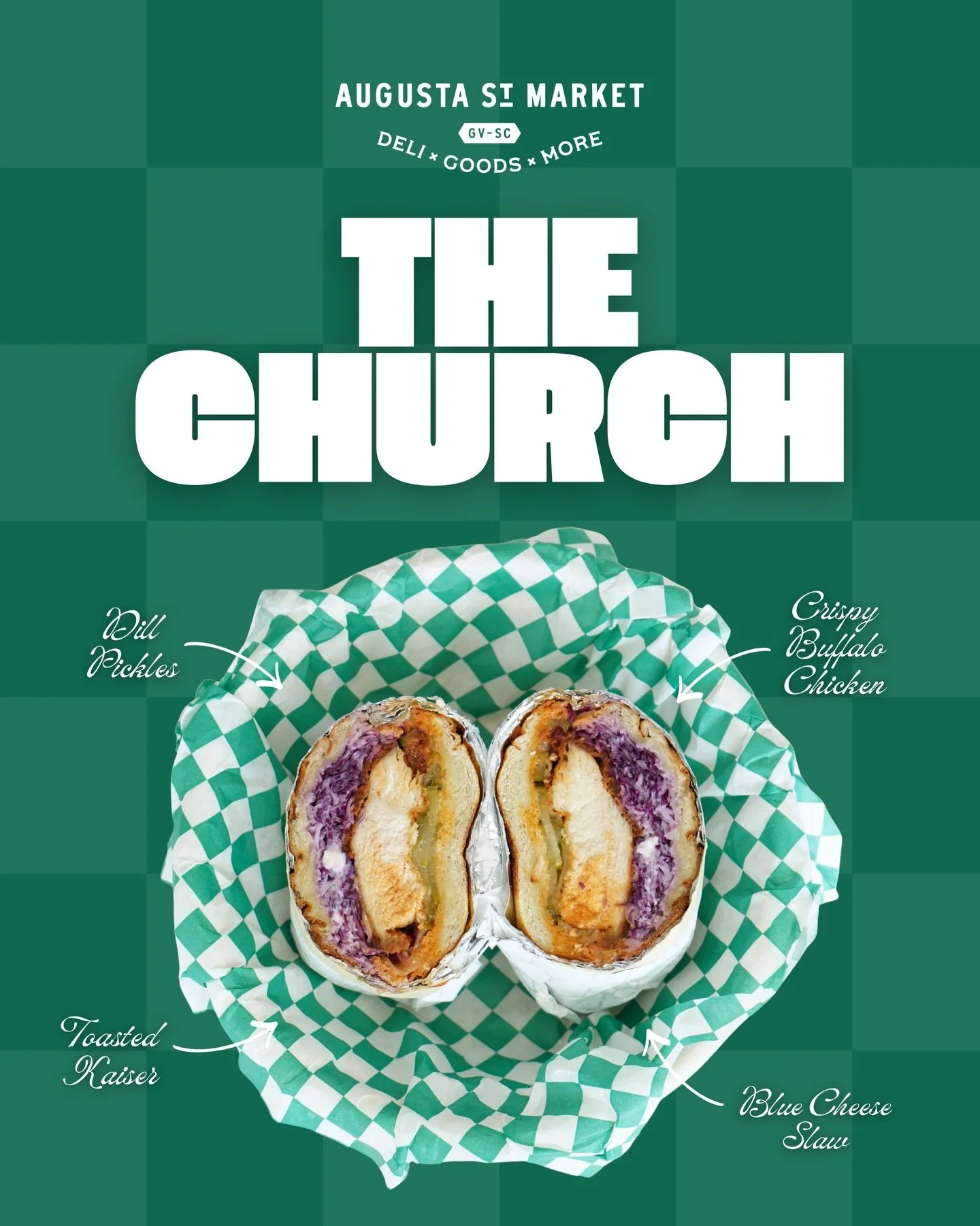 The Church.

Toasted kaiser roll layered with crispy buffalo chicken, creamy blue cheese slaw, and crisp dill pickles.

A bold bite with just the right crunch.