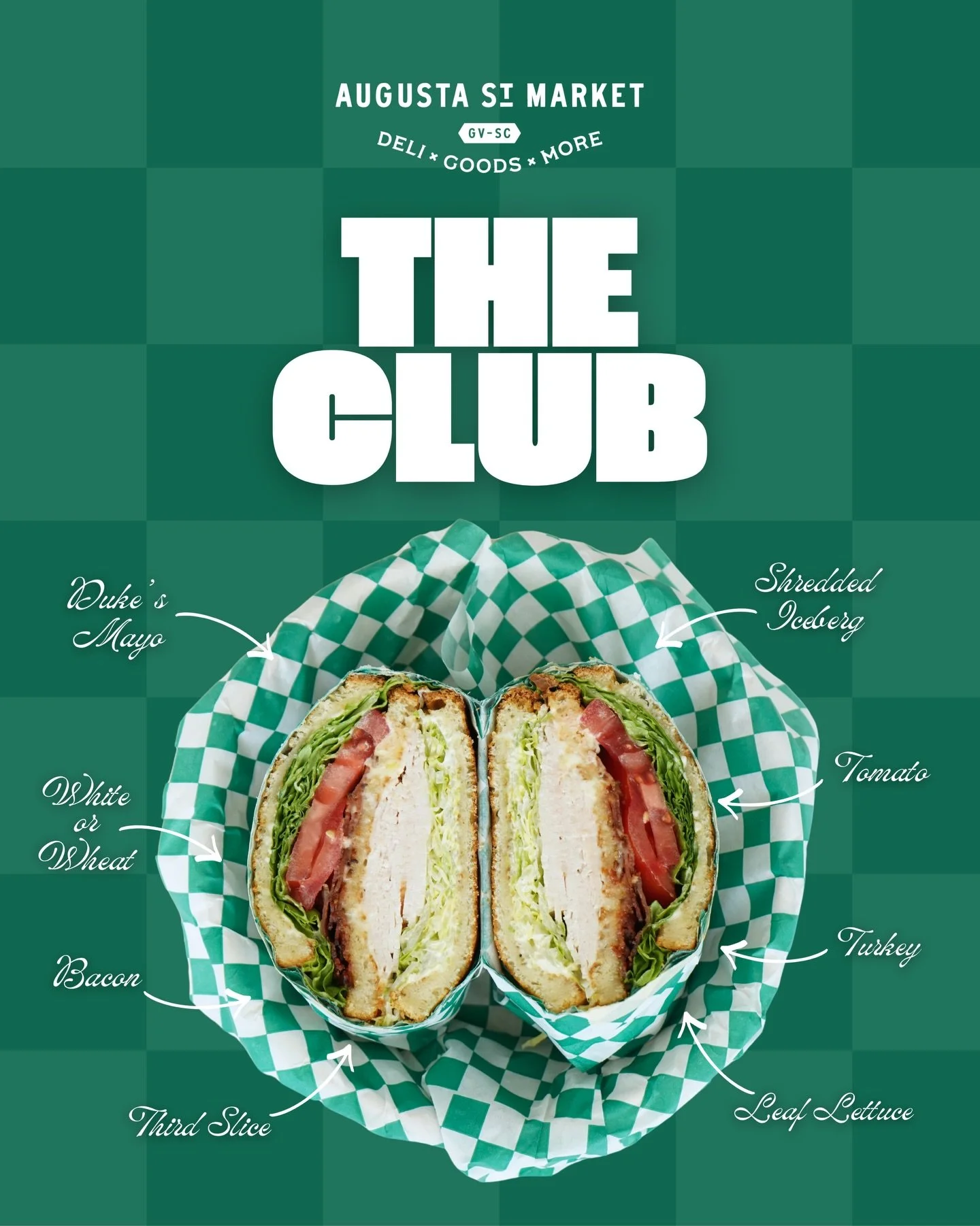 The Club.

White or wheat bread spread with Duke&rsquo;s mayo, layered with turkey, shredded iceberg &amp; leaf lettuce, a juicy tomato, stacked with a third slice and crispy bacon.

A stacked classic done right.