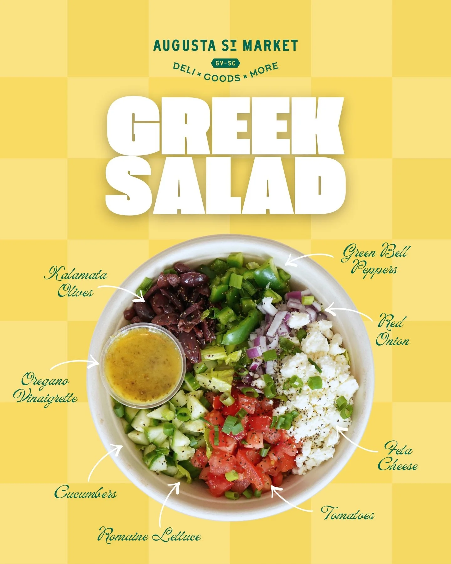 The Greek Salad.

Crisp romaine tossed with tomatoes, cucumbers, green bell peppers, and Kalamata olives, topped with feta cheese and oregano vinaigrette.

Fresh, bright, and classically Greek.