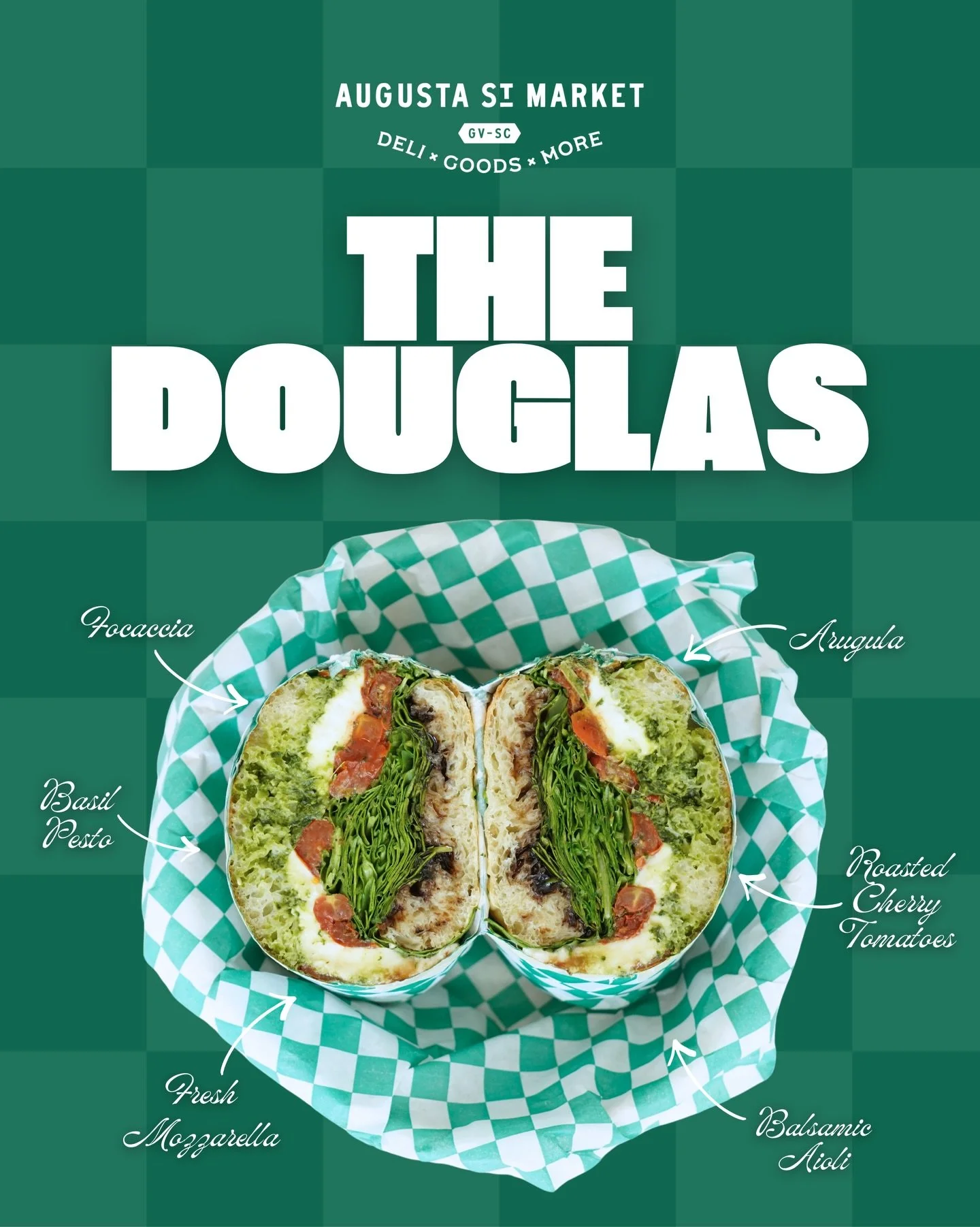 The Douglas.

Focaccia layered with fresh mozzarella, basil pesto, arugula, roasted cherry tomatoes and finished with a rich balsamic aioli.

A bright bite with a smooth &amp; savory finish.