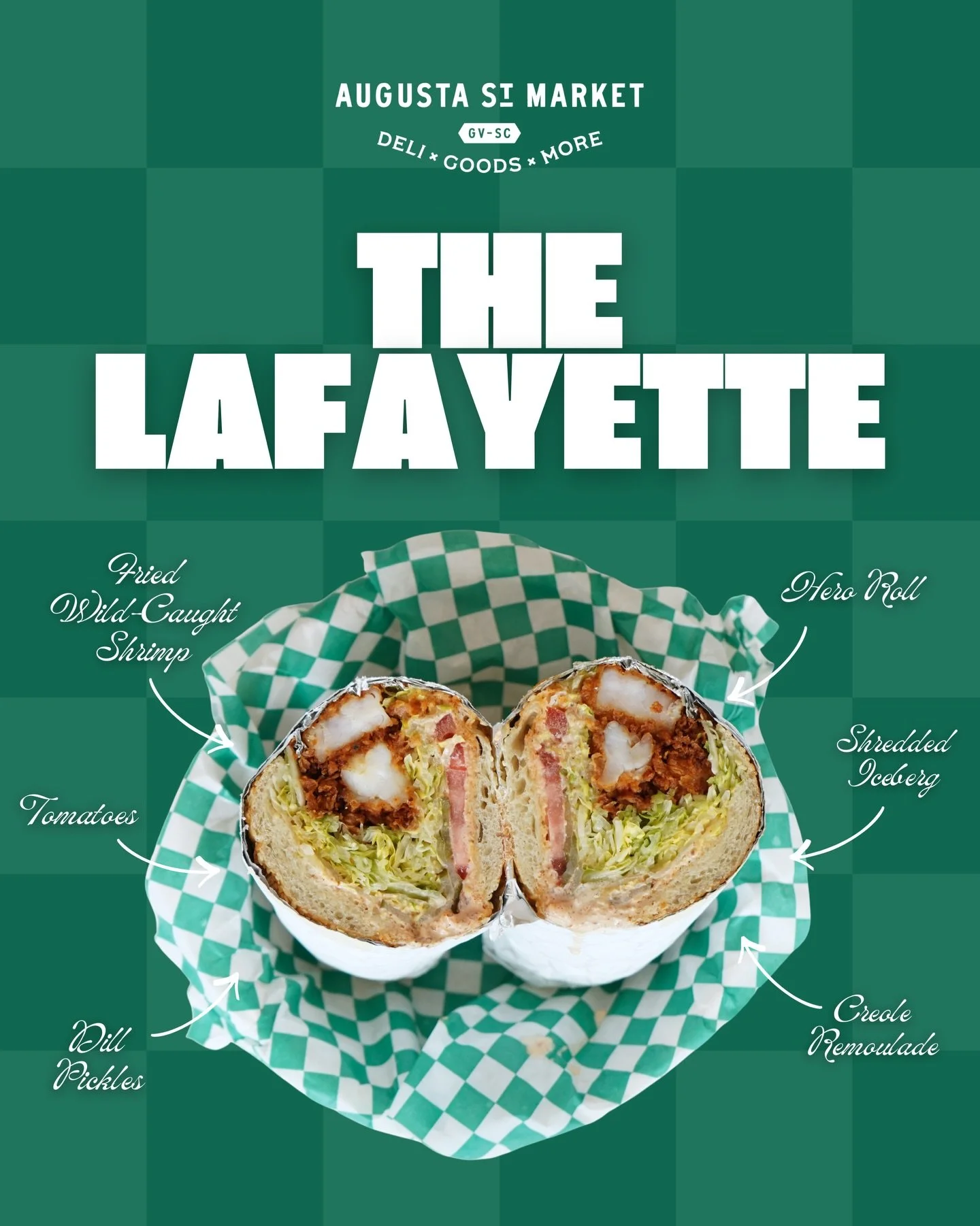 The Lafayette.

Hero roll spread with Creole remoulade, layered with fried wild-caught shrimp, shredded iceberg, tomatoes, and dill pickles.

A classic shrimp sandwich with a Creole kick.