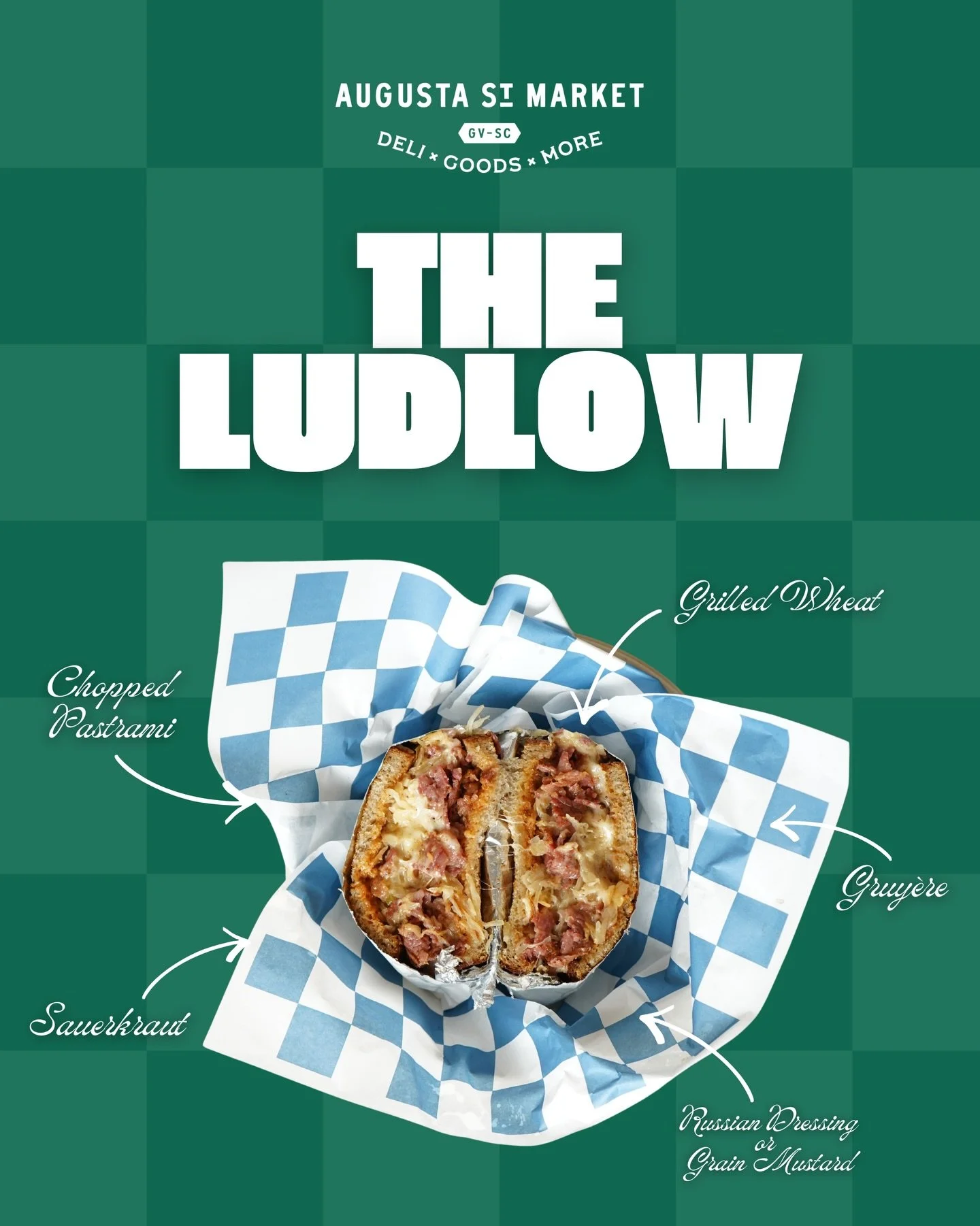 The Ludlow.

Grilled wheat with chopped pastrami, melted Gruy&egrave;re, and sauerkraut, topped with your choice of Russian dressing or grain mustard.

A classic deli bite, done right.