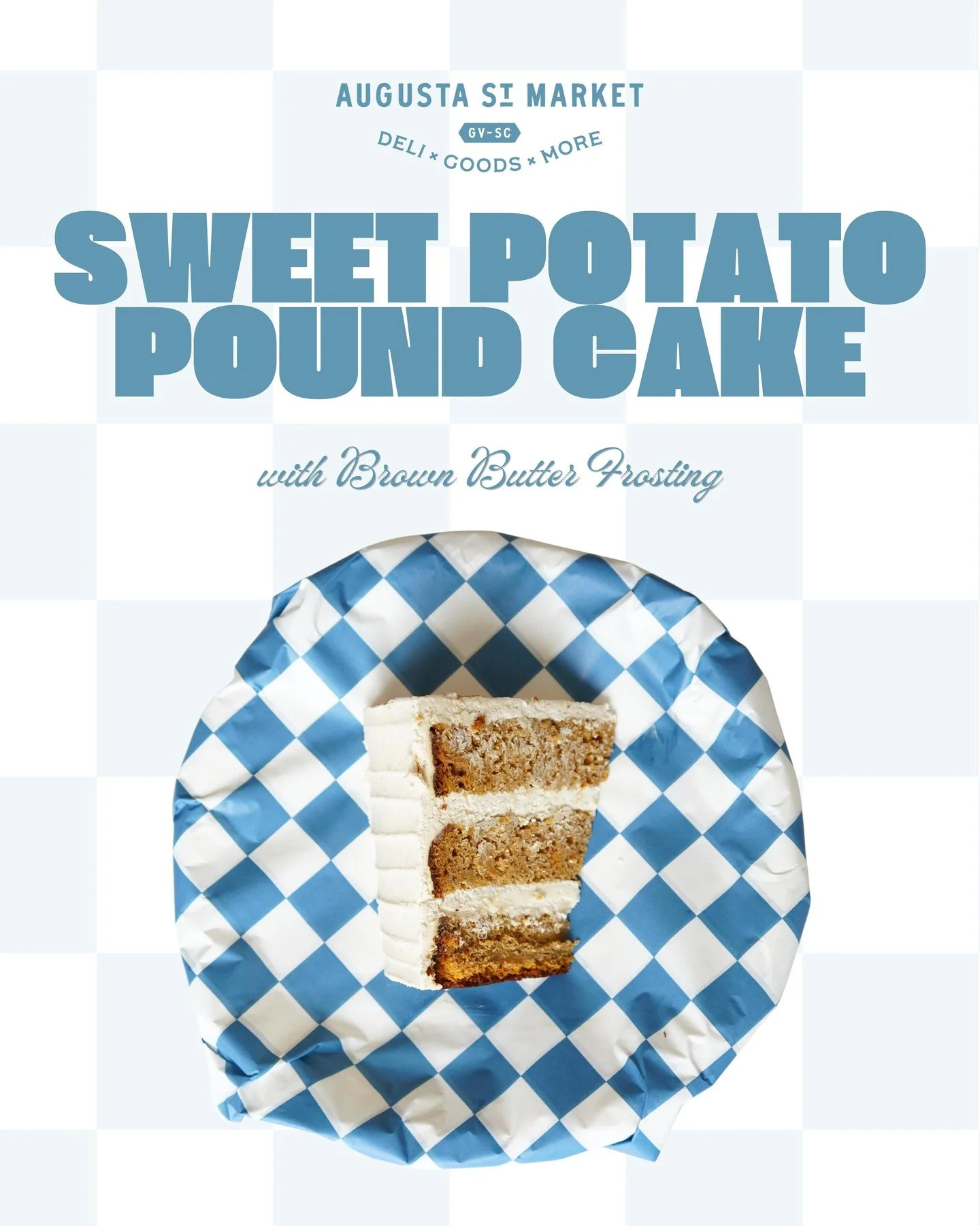Sweet Potato Pound Cake.

Finished with creamy with brown butter frosting. An Augusta Street Market staple!

A bite guaranteed to be full of Southern flavor.
