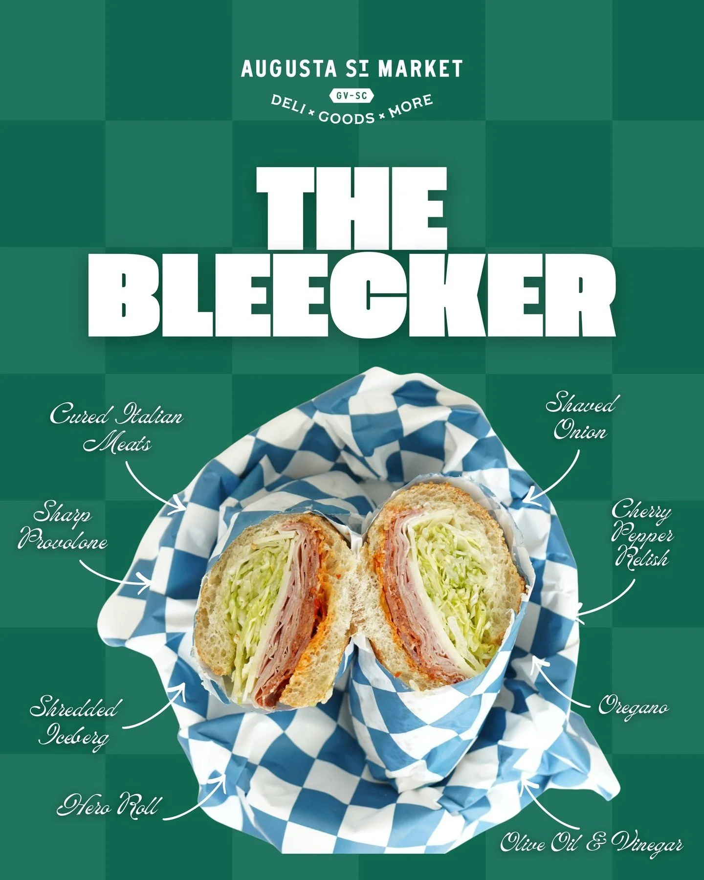 The Bleecker.

Hero roll with cured Italian meats and sharp provolone, layered with shredded iceberg and shaved onion, finished with cherry pepper relish, oregano, and oil &amp; vinegar.

A classic Italian &amp; best seller for a reason.