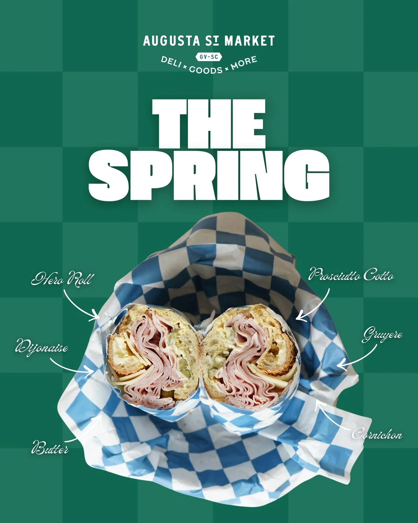 The Spring.

Hero roll spread with butter and dijonaise, layered with prosciutto cotto, swiss cheese and cornichon.

Savory and perfectly balanced.