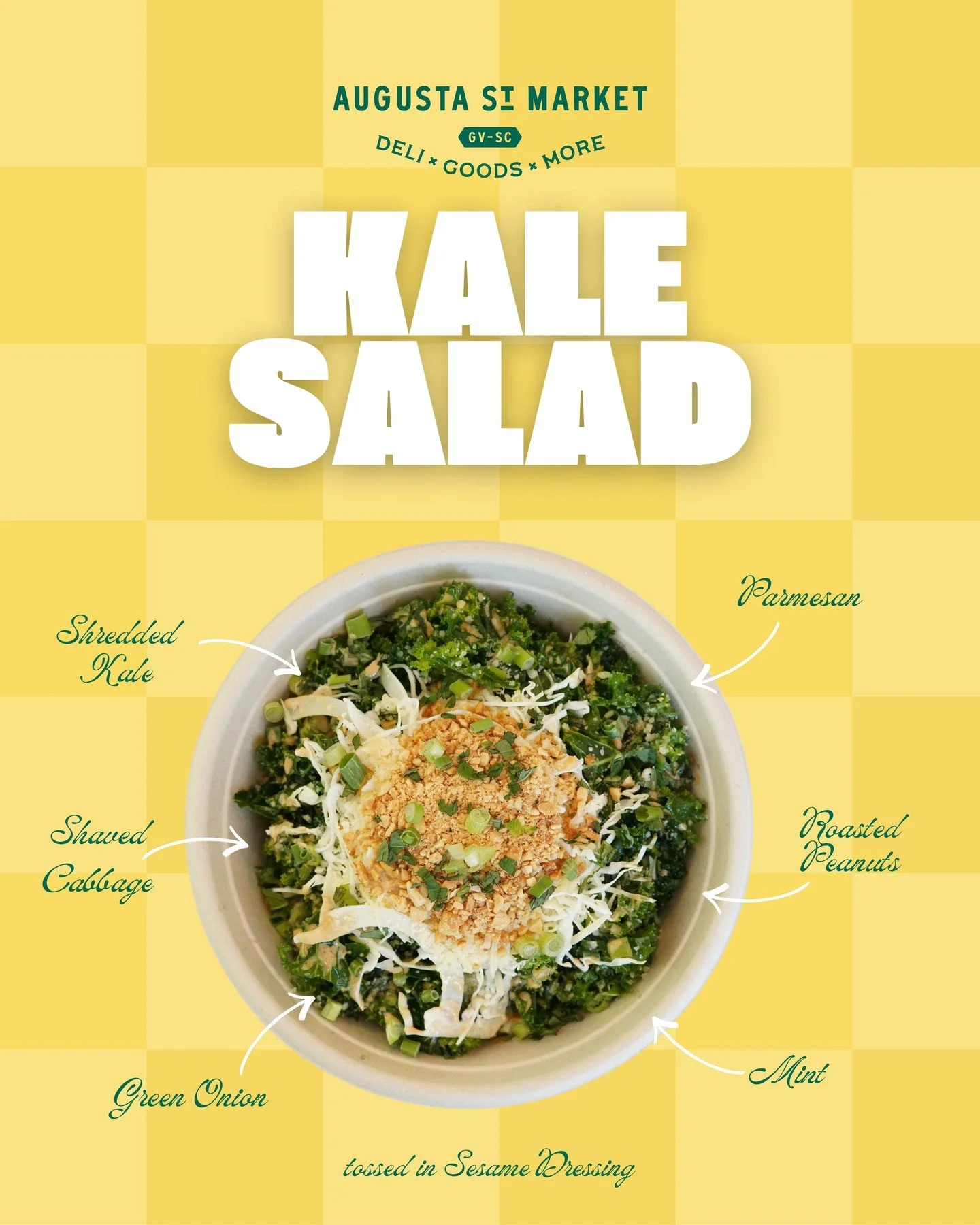Kale Salad. 

Shredded kale and shaved cabbage tossed in sesame dressing, topped with green onion, mint, roasted peanuts, and parmesan.

Fresh greens met with bold flavor in every bite.