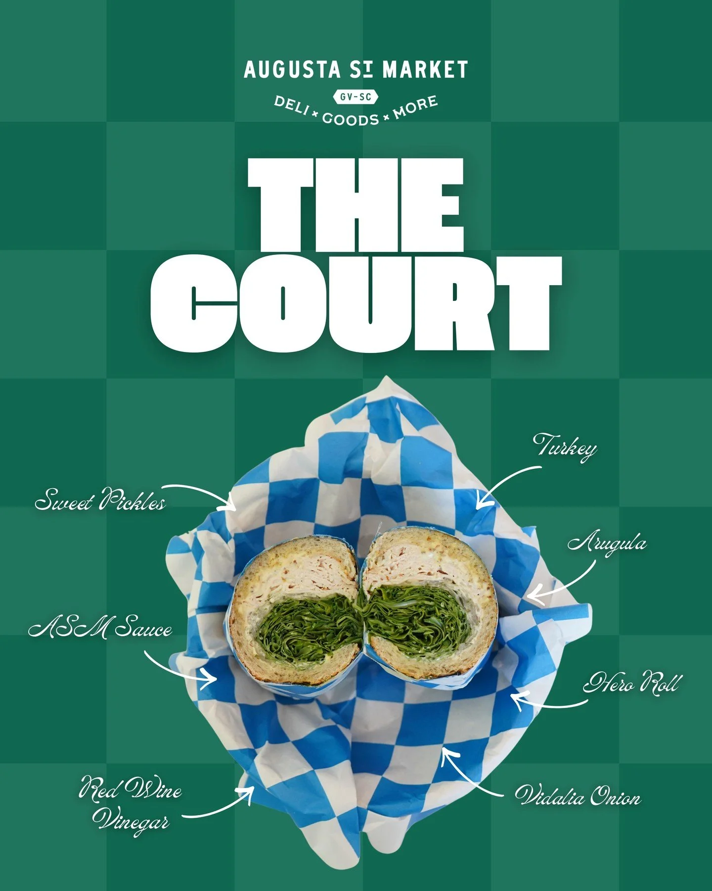 The Court.

Hero roll spread with ASM sauce, layered with turkey, arugula, sweet pickles, and vidalia onion, finished with red wine vinegar.

Classic deli flavors with a fresh finish.