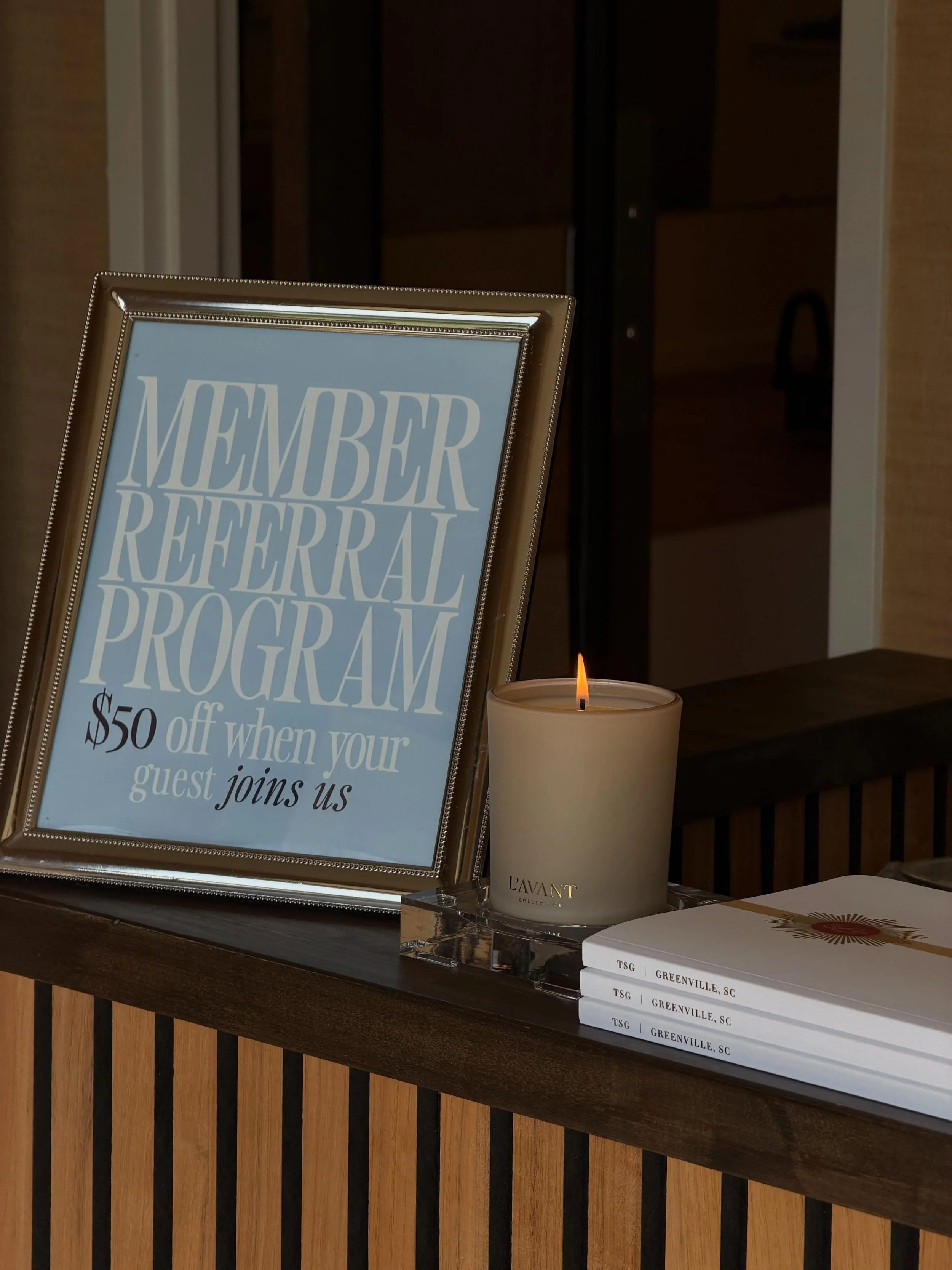 Friday in our favorite place, a fab member referral program, @tsggreenville, &amp; a fresh @lavantcollective candle&mdash; what could be better?