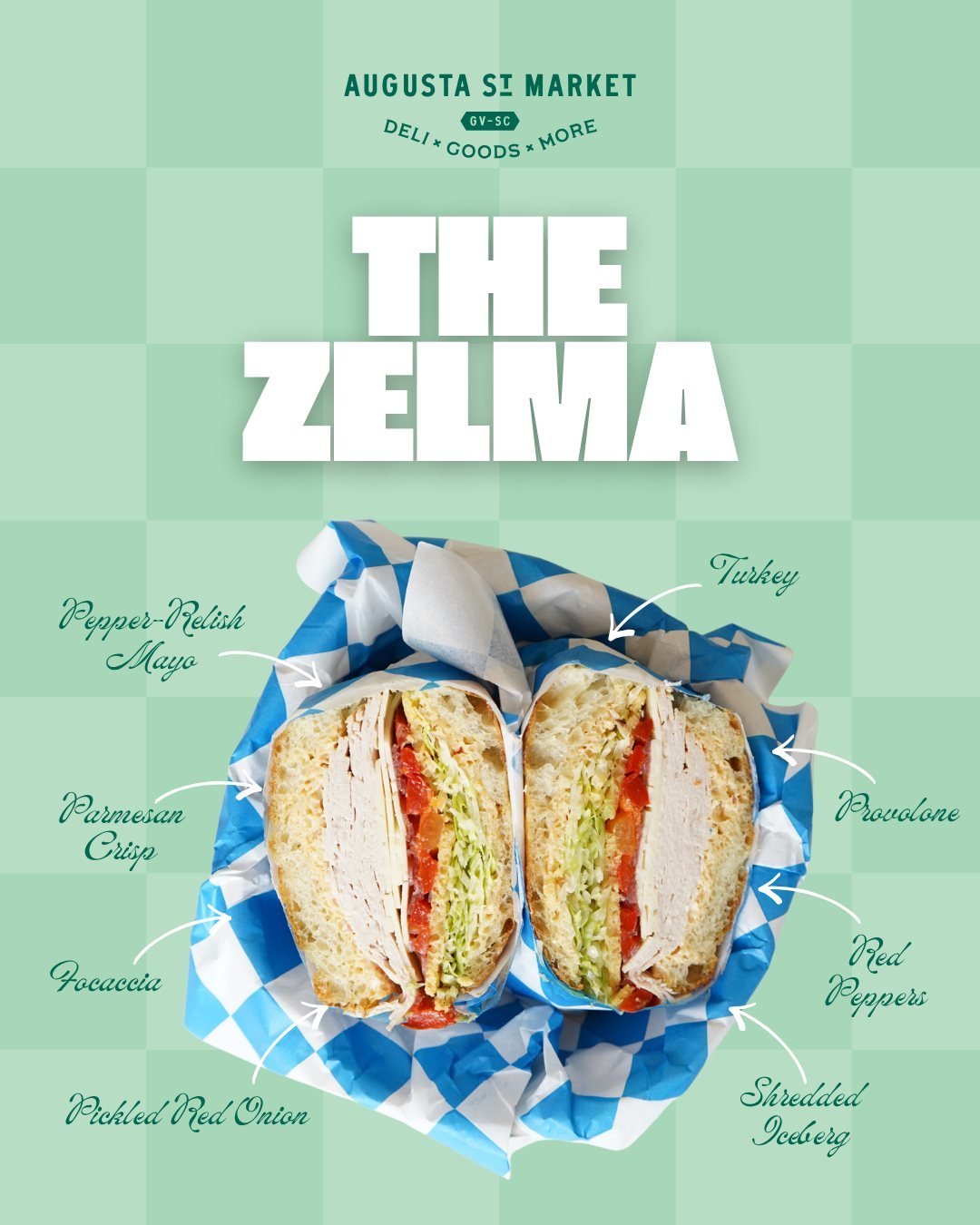 The Zelma.

One of our favorite specials at the moment and about to be yours too.

Focaccia spread with pepper-relish mayo, layered with turkey, provolone, roasted red peppers, shredded iceberg, pickled red onion, and finished with a parmesan crisp. 