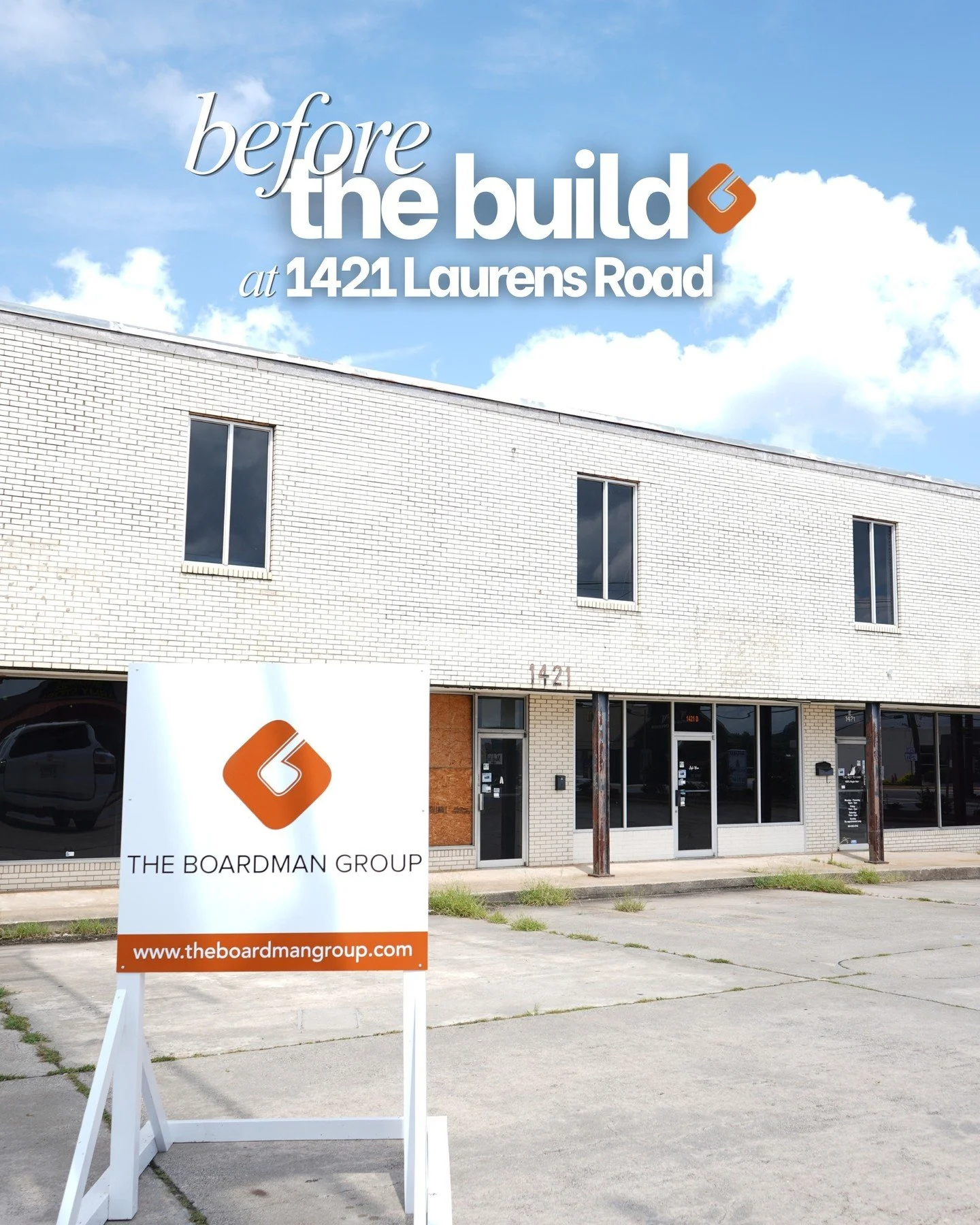Before the Build at 1421 Laurens Road ➡️ 

Swipe for a sneak peek at 1421 Laurens Road as it currently stands. We&rsquo;re giving the exterior a whole new look with new storefront glass on both levels, new awnings and other architectural features, an