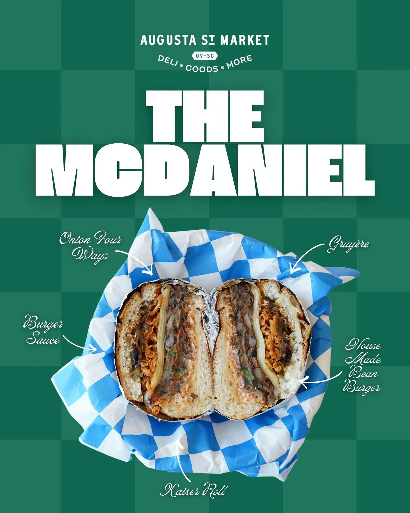 The McDaniel.

Kaiser roll spread with burger sauce, layered with a house-made bean burger, Gruy&egrave;re, onion four ways, and finished with more burger sauce. 

Don't have to be a vegetarian to love this one.