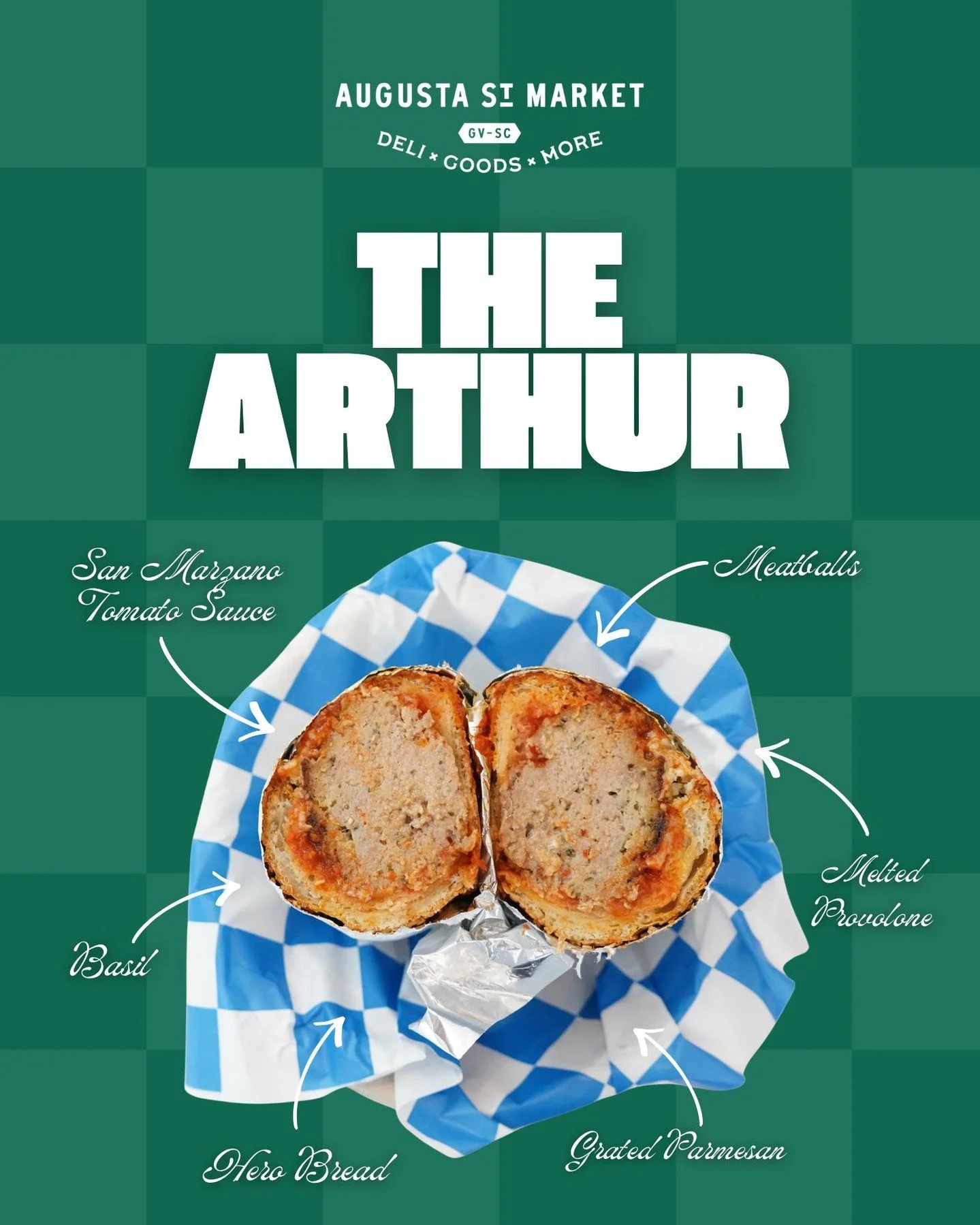 The Arthur.

Hero bread layered with meatballs, San Marzano tomato sauce, melted provolone, basil, and finished with grated parmesan. 

Everything a meatball sub should be, just make sure you grab some extra napkins.