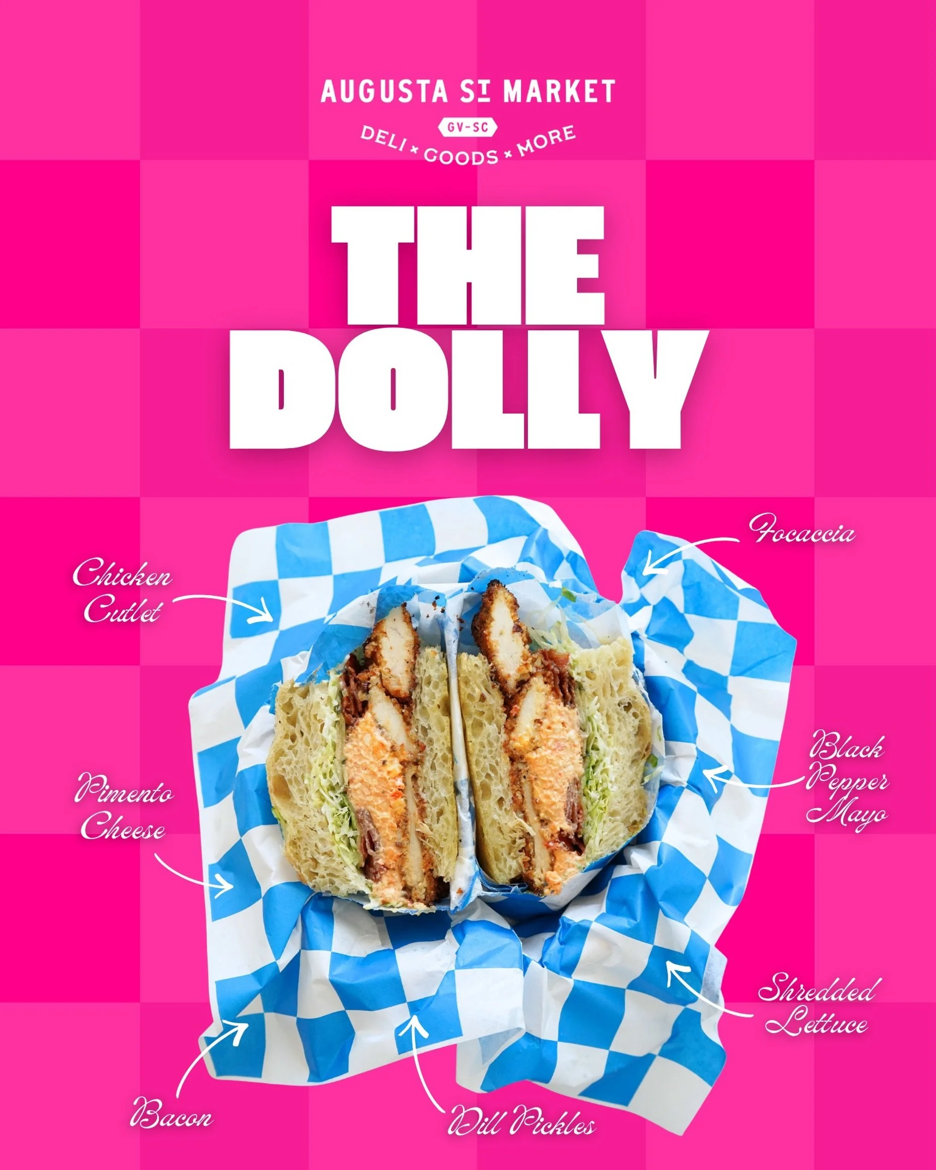 The Dolly.

Focaccia layered with crispy chicken cutlet, pimento cheese, bacon, shredded lettuce, and dill pickles, finished with black pepper mayo.

A tribute to the Queen of country music.