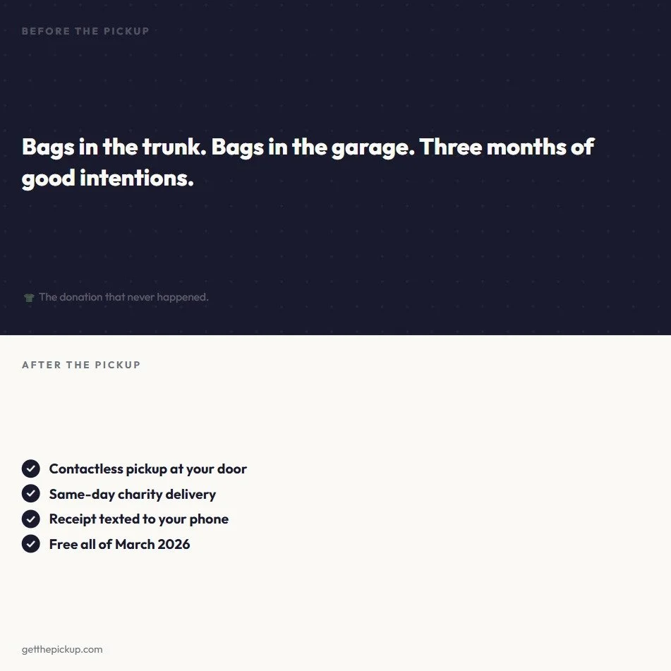 Most donated clothing never actually gets donated. It sits. For weeks. Sometimes months. The intention was there the follow-through wasn't. That second step is what we remove entirely. 

Set your clothing bags out front. We come to your door, deliver