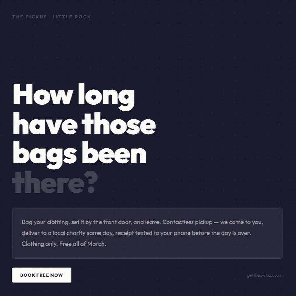 Be honest. 👀 Those bags have been sitting there for a while, haven't they? 

The decision to donate was already made. The follow-through just never happened. That's the exact problem we solve.

Contactless clothing pickup at your door. Same-day deli