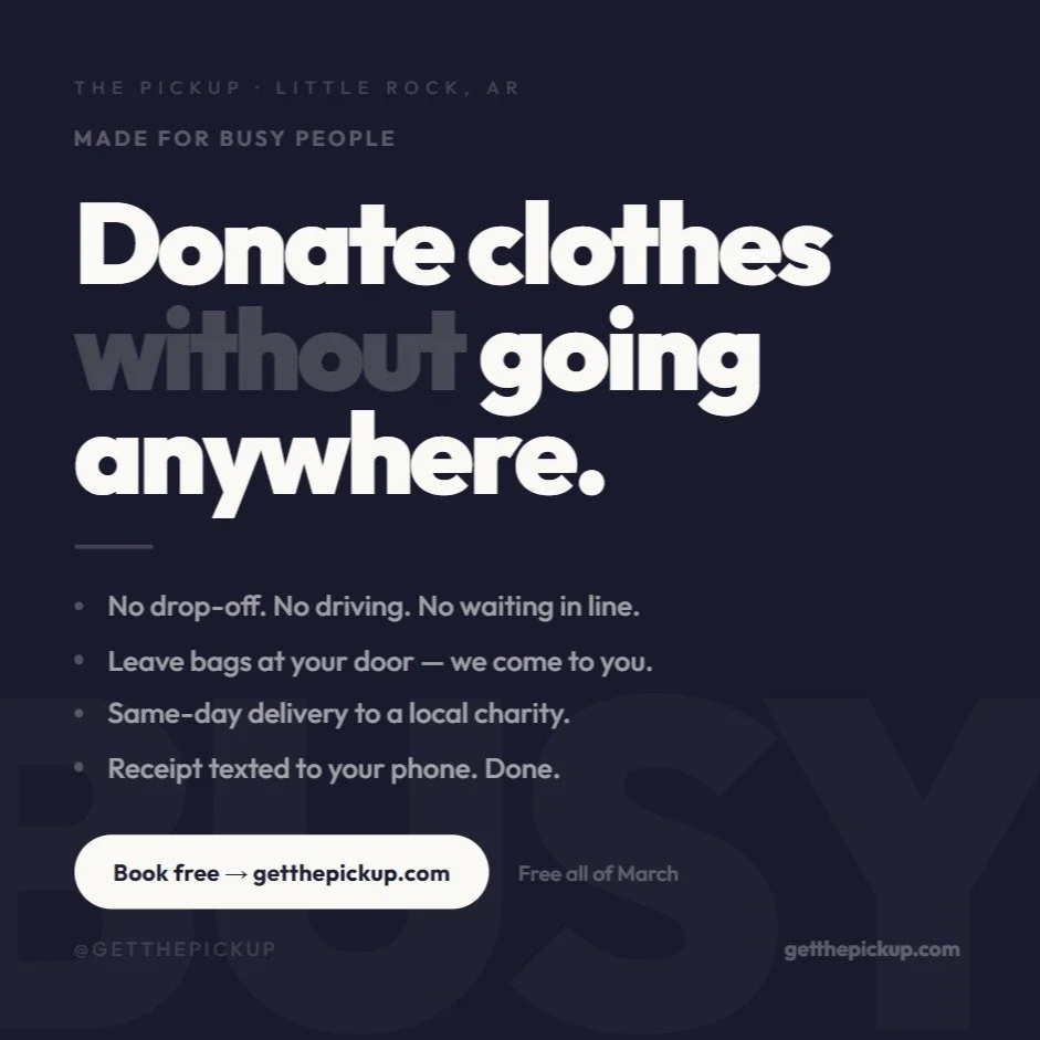 No time to drive to Goodwill? Same. 

The Pickup was built for people who mean to donate &mdash; they just never get around to it. We get it. Life is busy.

So we made it simple. Leave your bags at the front door. We come to you, pick them up, and de