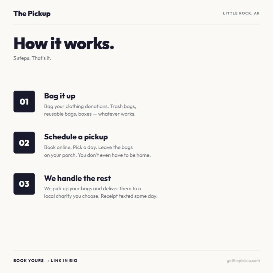You bag it. We pick it up. Your chosen charity gets it &mdash; same day.

That's literally all there is to it.

No loading the car. No driving across town. No waiting in line at a donation center. No guilt sitting in the trunk for 3 months.

Clothing