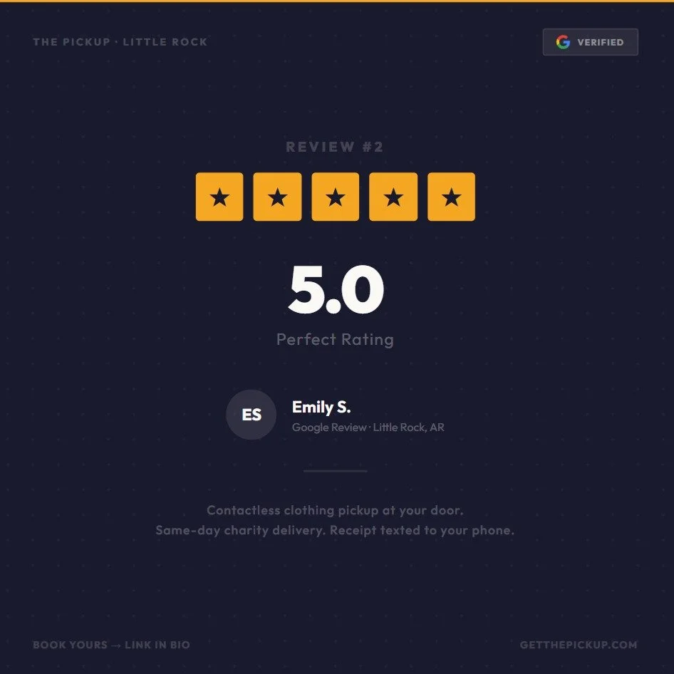 Another 5-star review on Google. That's two for two.

We show up. You let go. It's that simple.

Contactless clothing donation pickup &mdash; right at your door. Same-day charity delivery. Receipt texted to your phone.

Book at the link in bio &rarr;