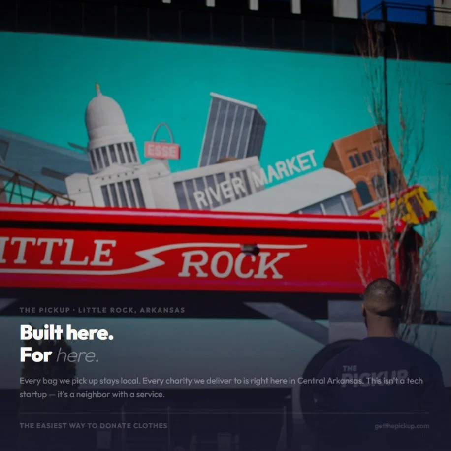 Built here. For here.

Every bag we pick up stays local. Every charity we deliver to is right here in Central Arkansas. This isn't a tech startup &mdash; it's a neighbor with a service.

Contactless clothing donation pickup at your door. Same-day del