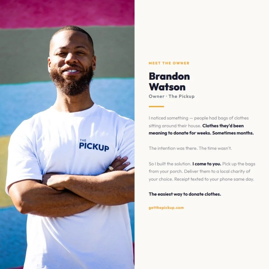 Meet the owner. 👋

I'm Brandon. I started The Pickup right here in Little Rock.

I noticed something &mdash; people had bags of clothes sitting in their closets, their trunks, by the front door. Clothes they'd been meaning to donate for weeks. Somet