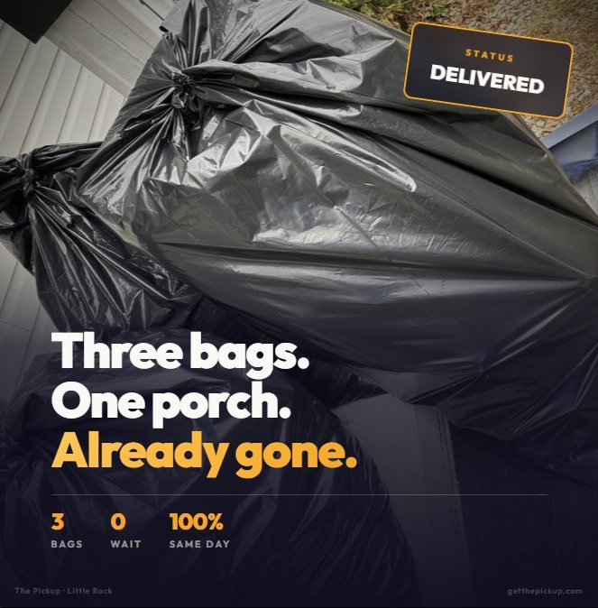 Pickup complete.

Three bags. One front porch in Little Rock. Delivered to Goodwill the same day. Receipt texted.

He didn't even have to be home.

This is what Proud To Pay looks like in real life. No pricing menus, no minimum bag counts, no judgmen