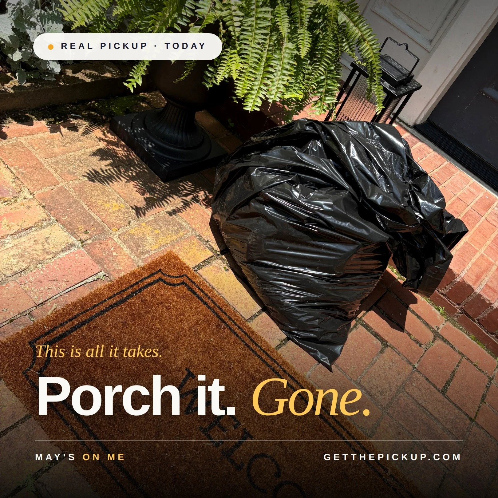 Porch it. Gone.

This is a real pickup from today. One bag, one front porch, on its way to Our House.

No drive across town. No hauling bags into a donation center. No wondering if the door is open. You set it on the porch, I take it from there. Same