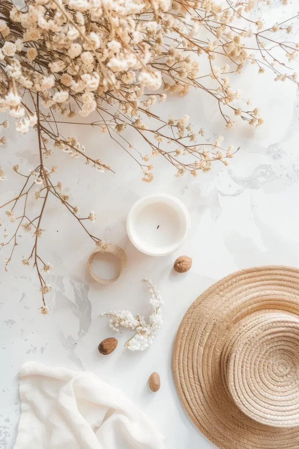Neutral-toned flat lay with dried flowers, a white candle, almonds, a woven hat, and a soft cloth on a marbled surface, conveying calmness.