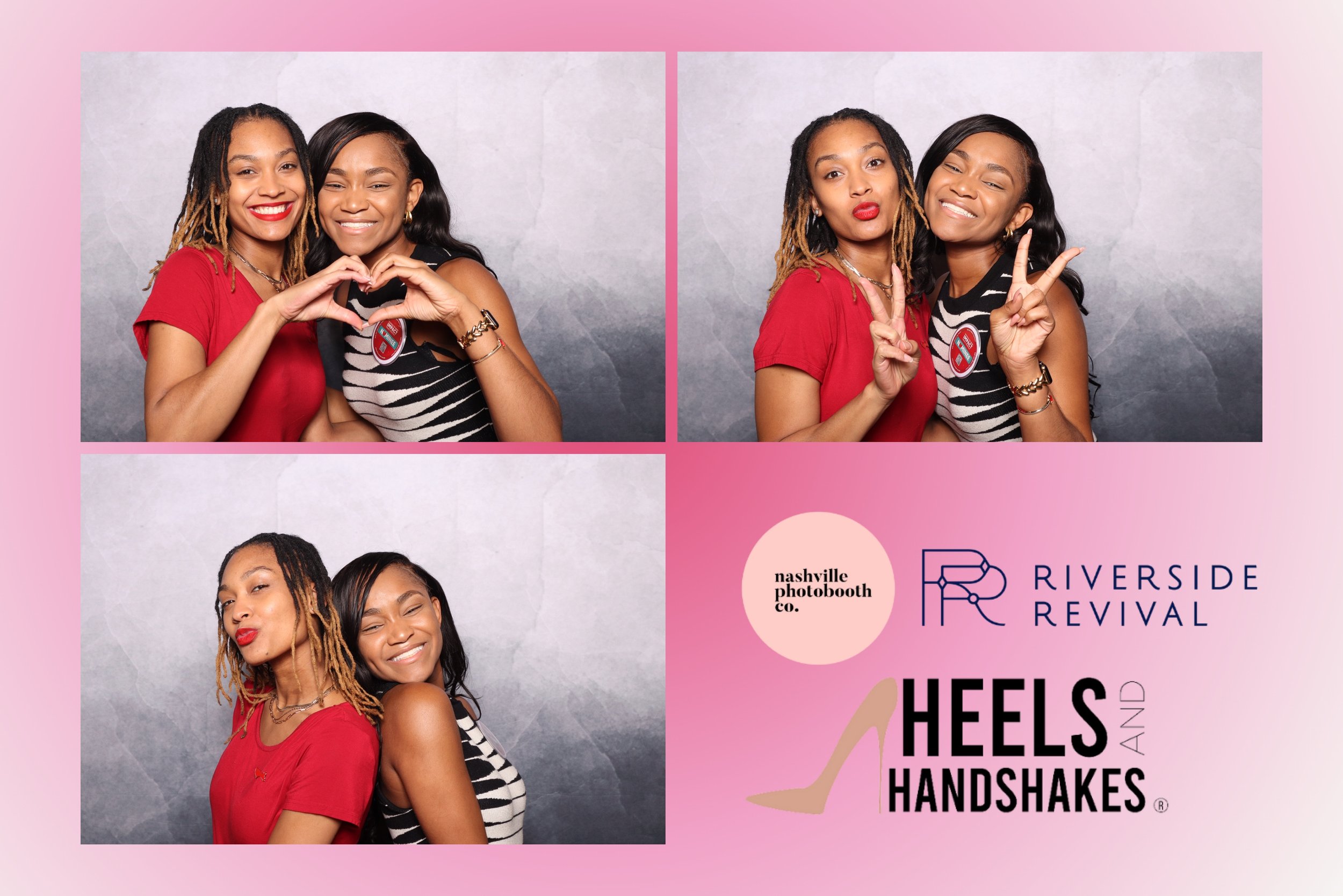 Two women taking photo booth pictures together, making various poses and expressions, with a pink background and event logos for Nashville Photobooth Co. and Riverside Revival, and the text 'Heels and Handshakes'.