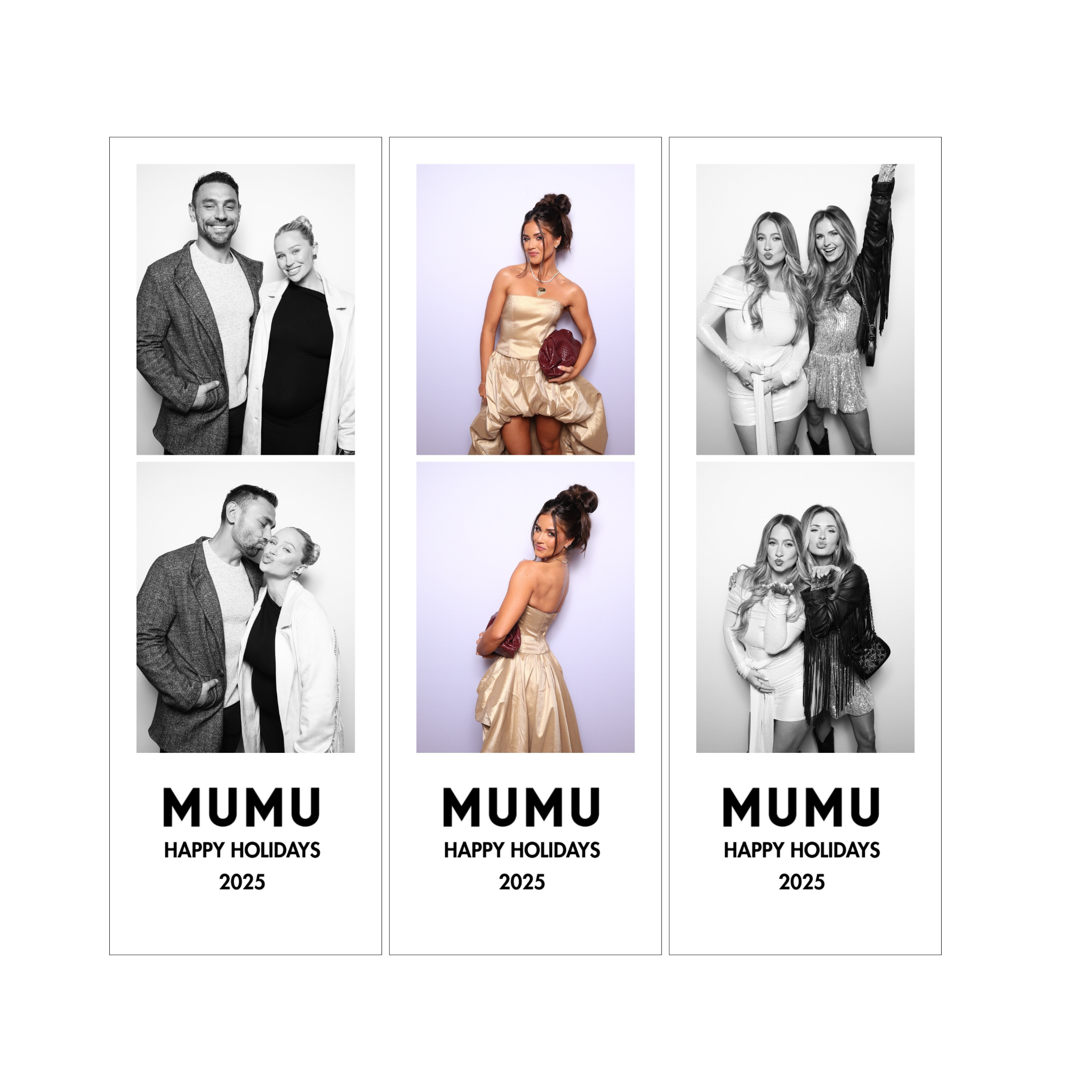 Photo strip with three sections, each showing a young woman in a beige gown with a burgundy clutch, posing against a plain background, with text below reading "MUMU HAPPY HOLIDAYS 2025"; alternating between color and black-and-white photos.
