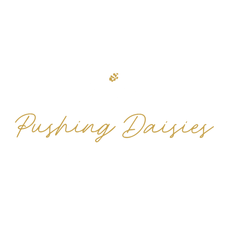 Logo for 'Pushing Daisies Underground Margaritas' featuring a daisy flower drawing with white petals and a small gold bee on top, with gold and white text.