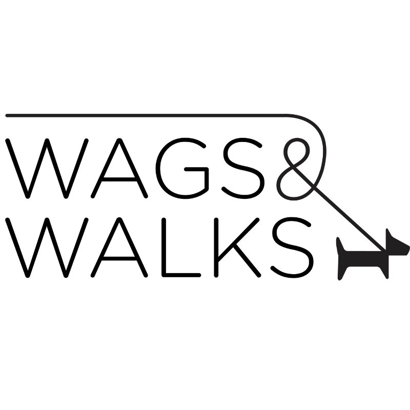 Logo for WAGS & WALKS, featuring text with a dog bone integrated into the design.