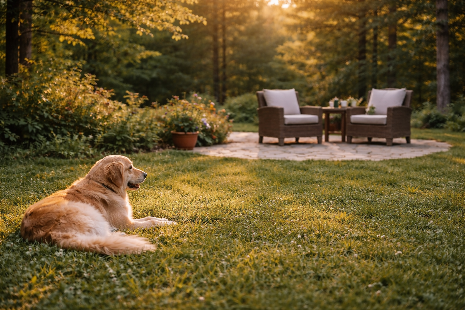 Golden retriever dog lying on the grass in a backyard garden during sunset, with outdoor chairs and table on a stone patio, trees, and plants in the background.