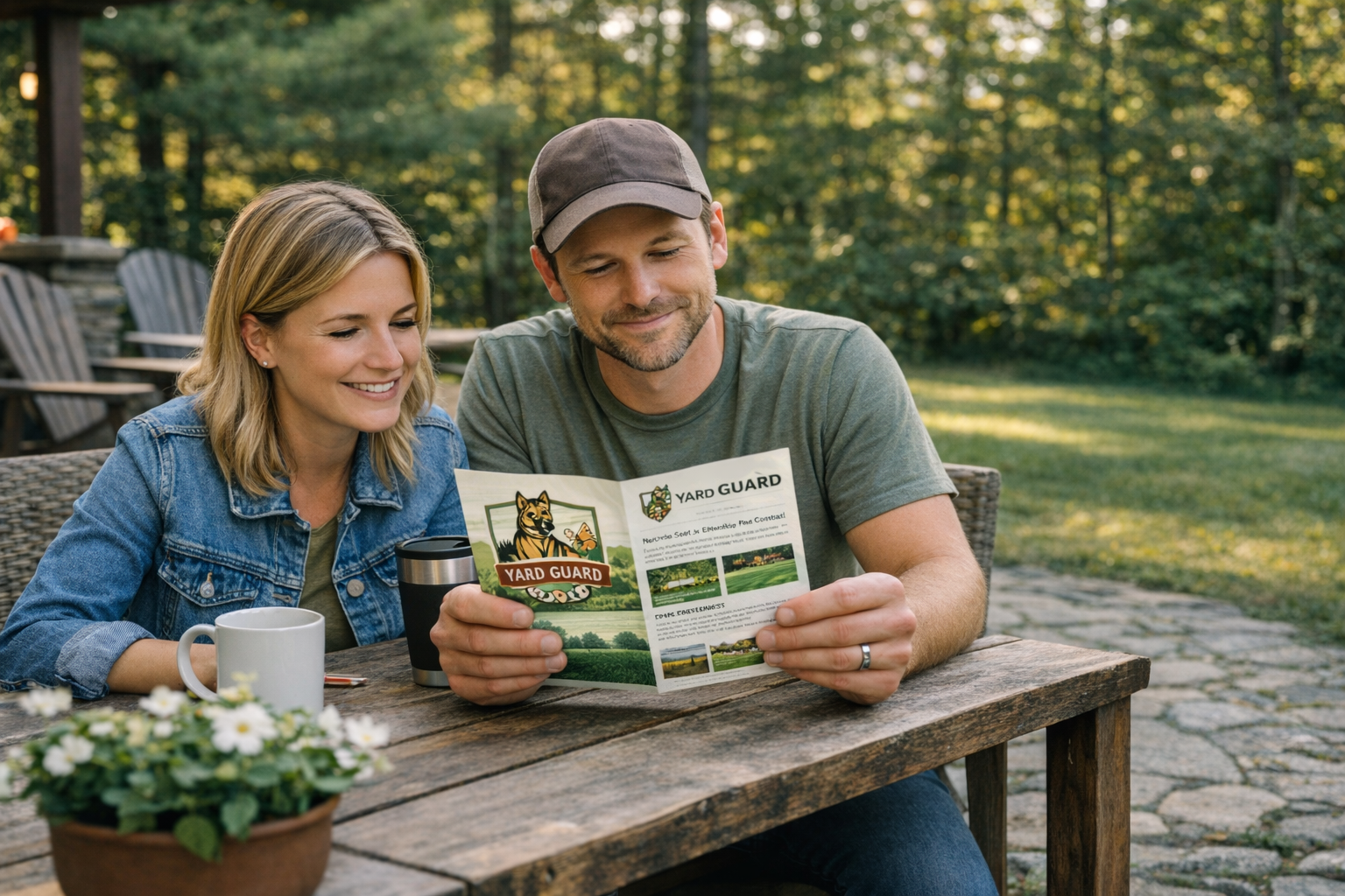A smiling woman and a man sitting at a wooden outdoor table looking at a neighborhood watch flyer with a yard guard logo. The woman has blonde hair and is wearing a denim jacket, while the man has a beard, is wearing a cap, and a gray t-shirt. There are coffee mugs and a flower pot on the table.
