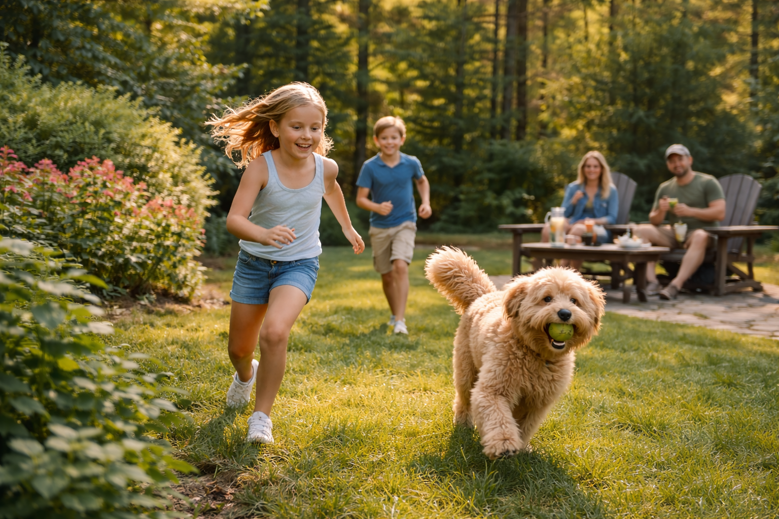 Children running and playing with a dog in a backyard during daytime, with adults sitting at a table in the background.