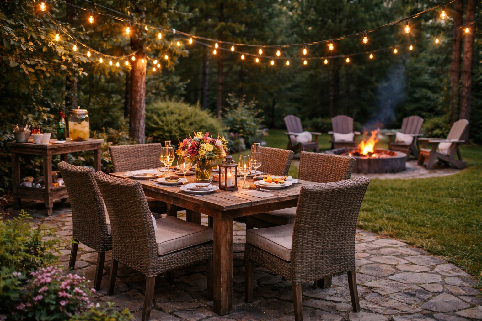 An outdoor dining area in a wooded backyard with a rustic wooden table set for a meal, surrounded by wicker chairs, with a bouquet of flowers, candles, and glassware. String lights are hanging overhead, and a fire pit with Adirondack chairs is in the background.