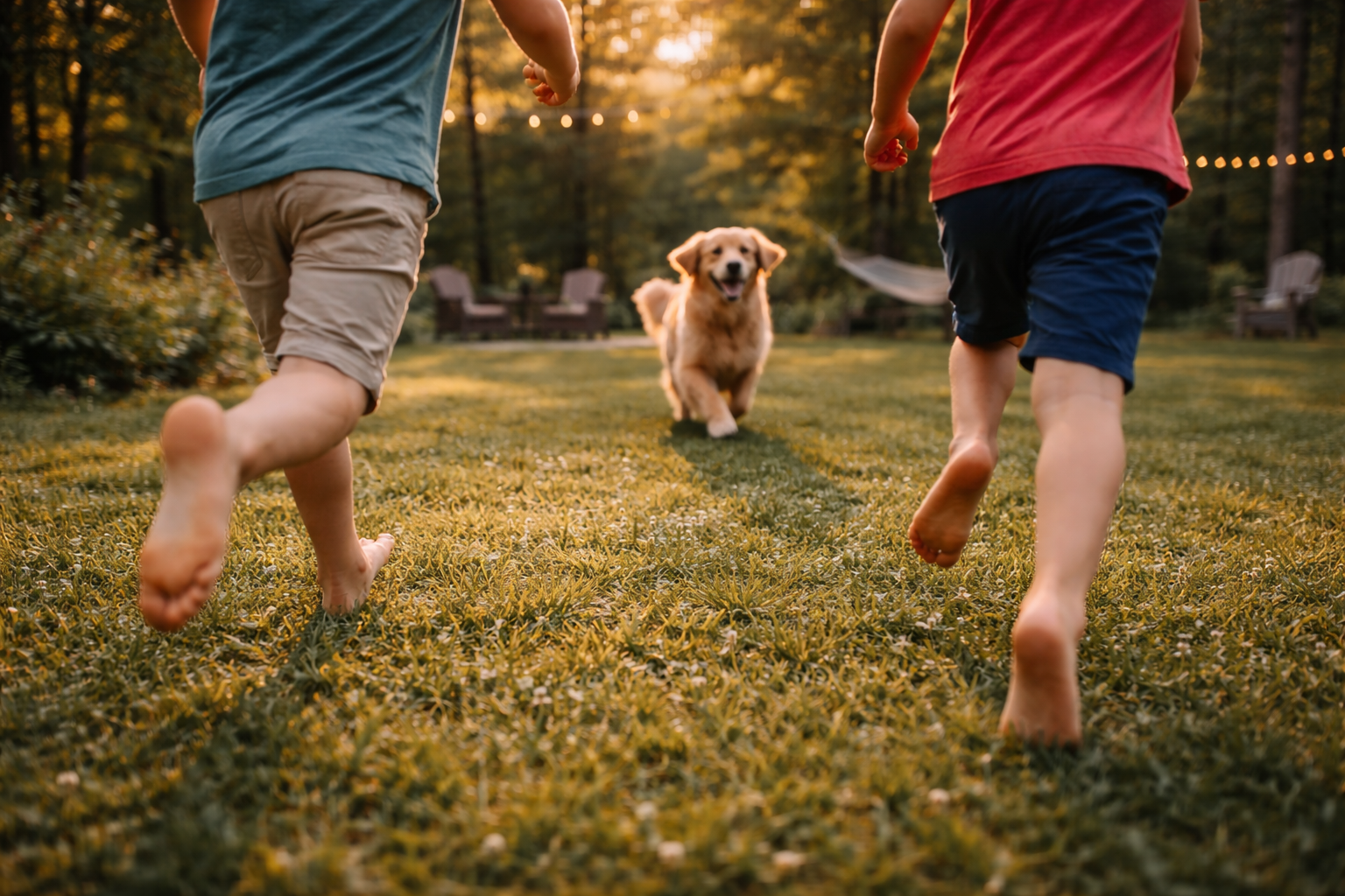 Two children running barefoot on grass with a smiling golden retriever dog approaching them in a backyard during sunset.