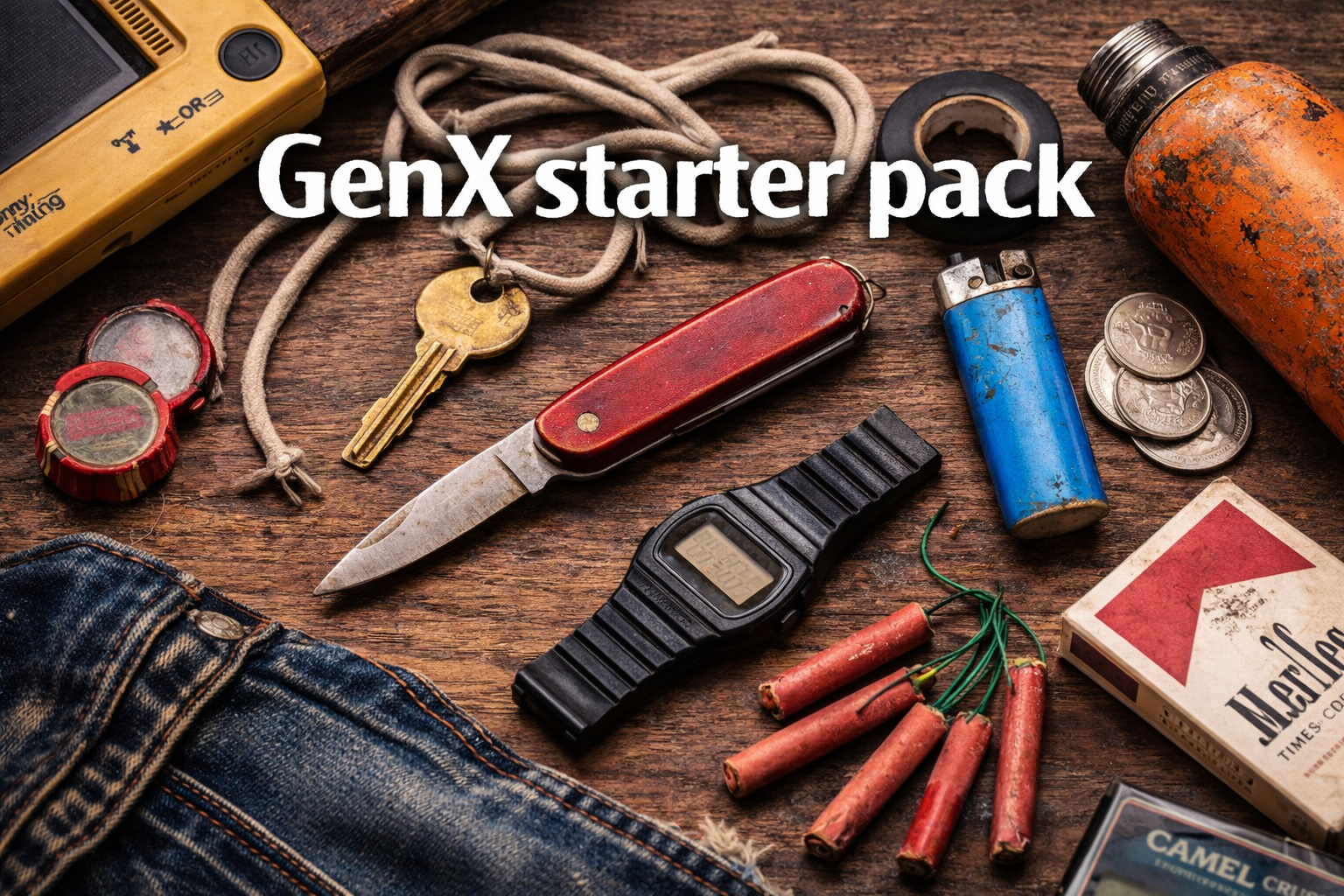 A flat lay of vintage Gen X everyday carry items