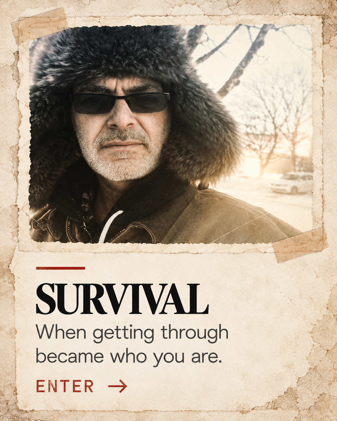 Survival: Shane in a winter hood. When getting through became who you are. Enter the Survival reading path.
