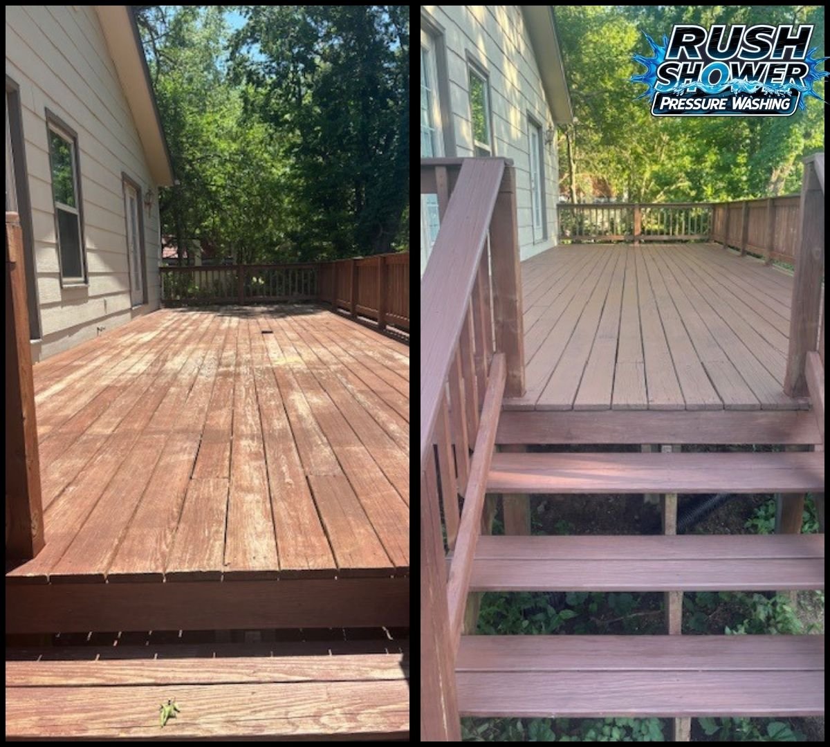 Side-by-side comparison of a weathered wooden deck before cleaning on the left and a cleaned, brightened deck after pressure washing on the right, with trees and house siding in the background.