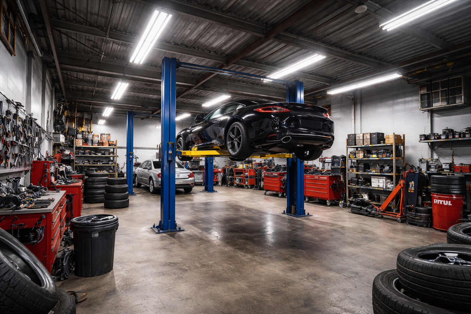 A black sports car lifted on a hydraulic lift inside an auto repair garage, with another silver car nearby and various tools and tire stacks around.