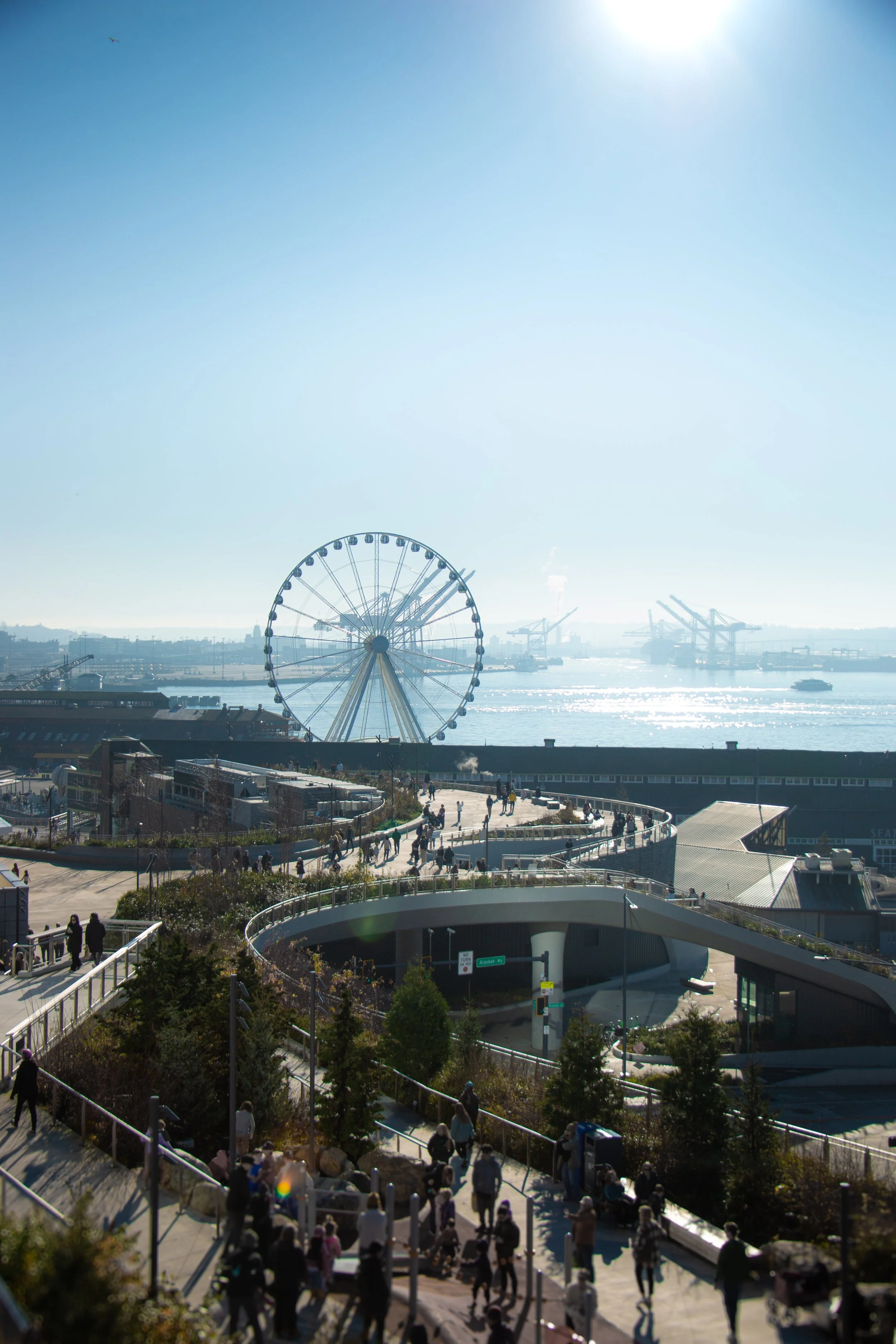 People walking and sitting in an outdoor park area with a large Ferris wheel in the background, over a body of water with industrial cranes.
