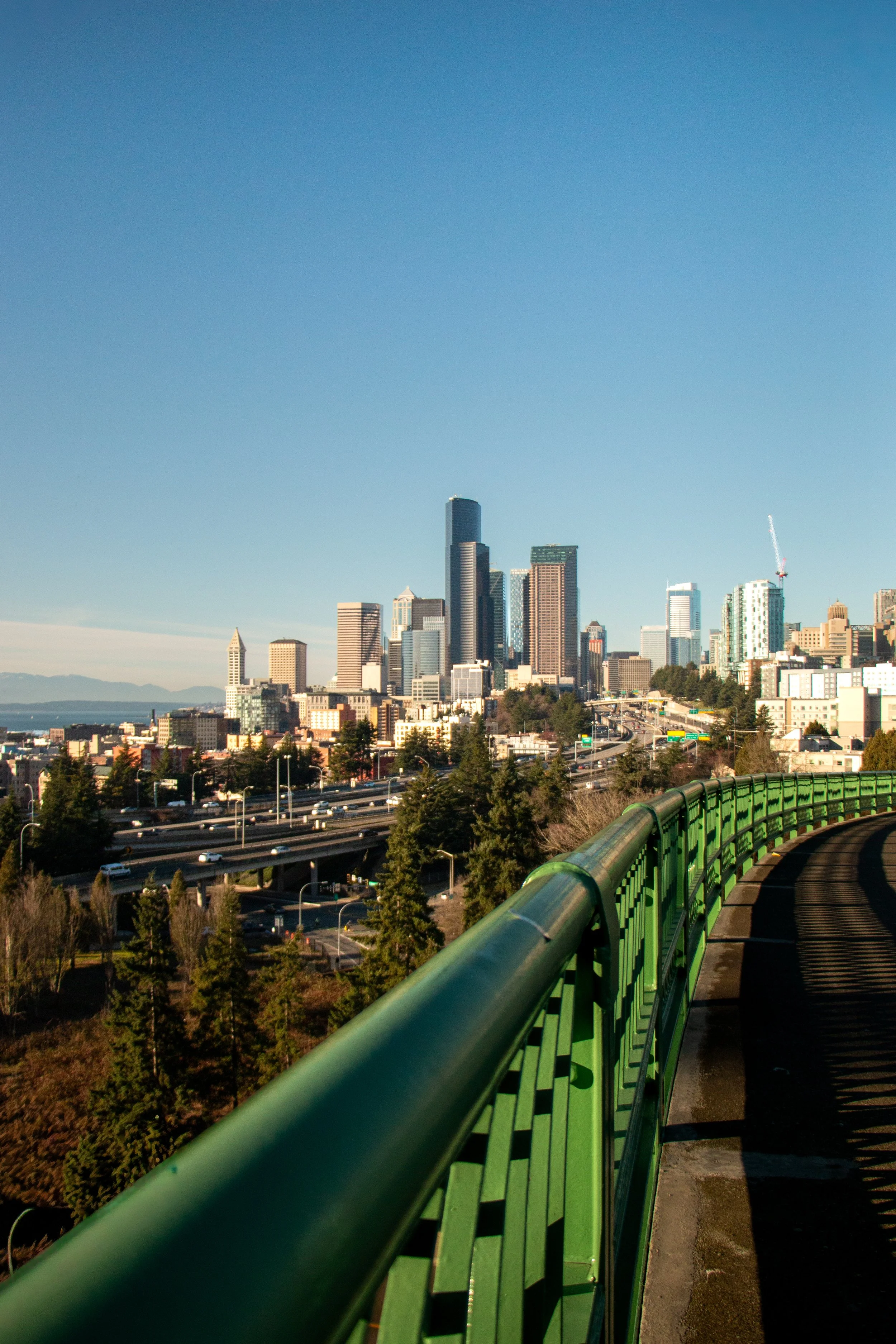 City skyline with tall skyscrapers, view from a curved green railing on an elevated parkway, clear blue sky, trees below, and traffic on the roads.