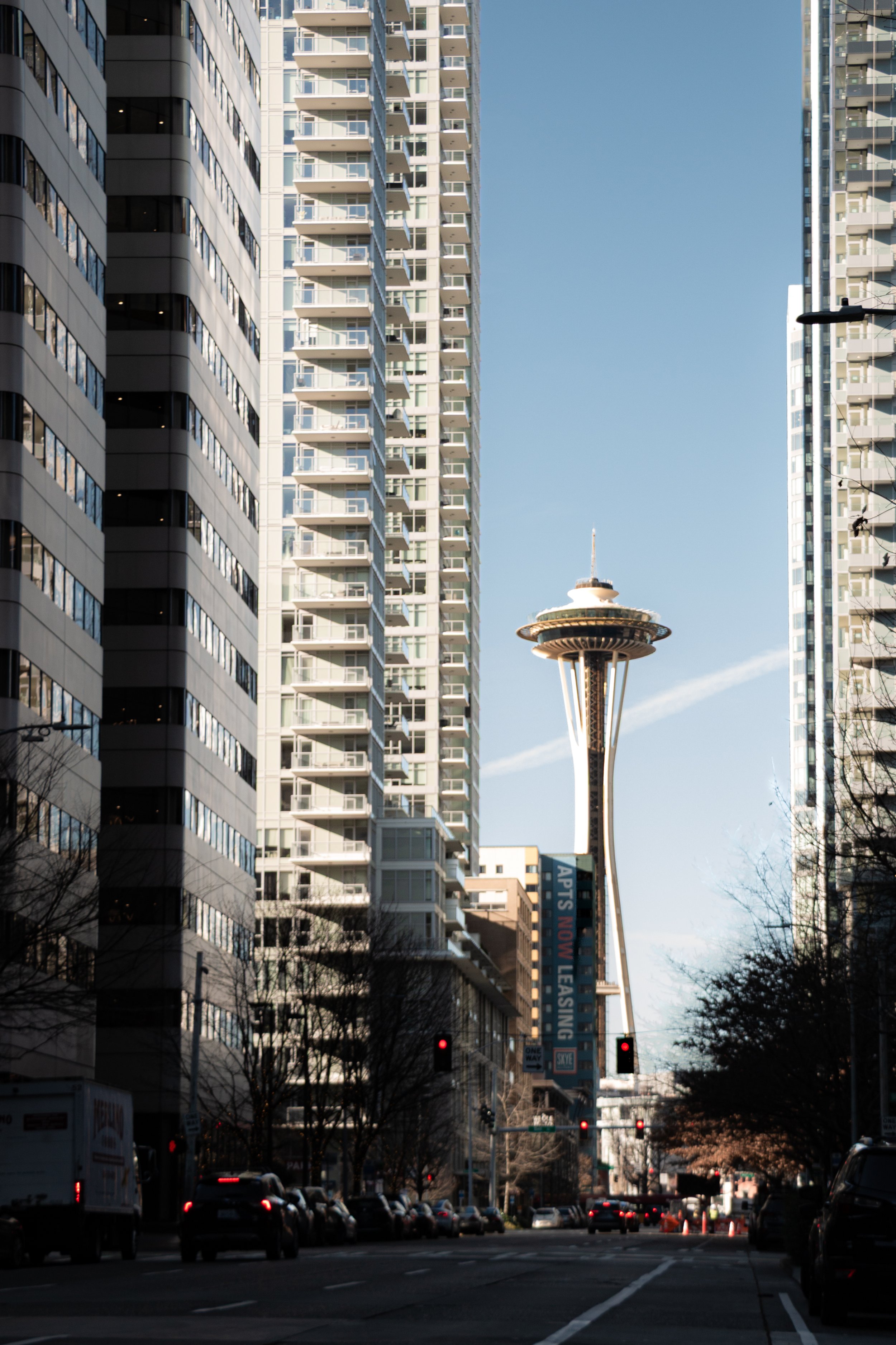 A city street scene featuring the Space Needle in the background, surrounded by tall modern buildings, with cars and trees lining the street.