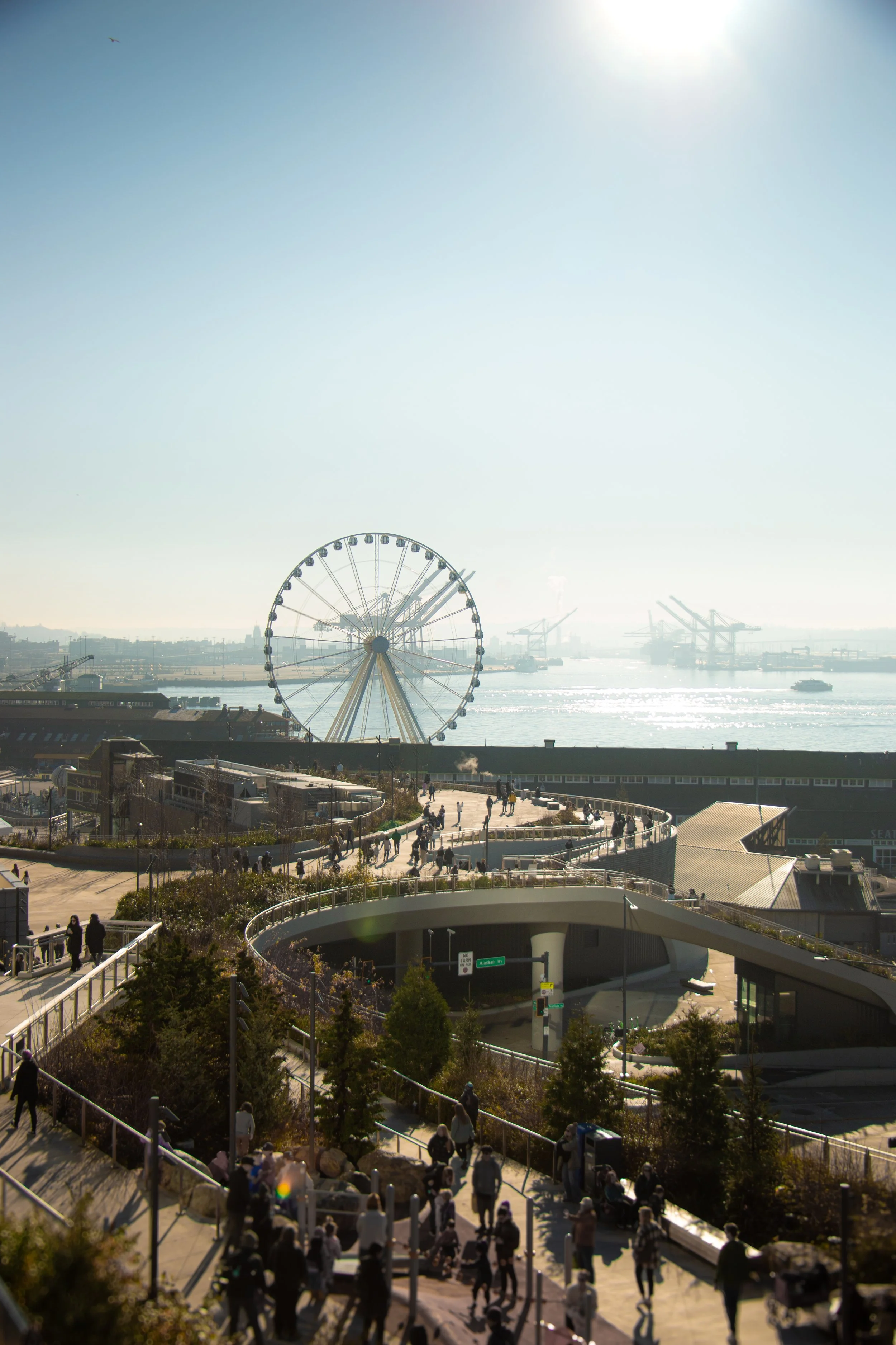 A city overview with a large Ferris wheel, a waterfront, and many people walking along shaded paths.