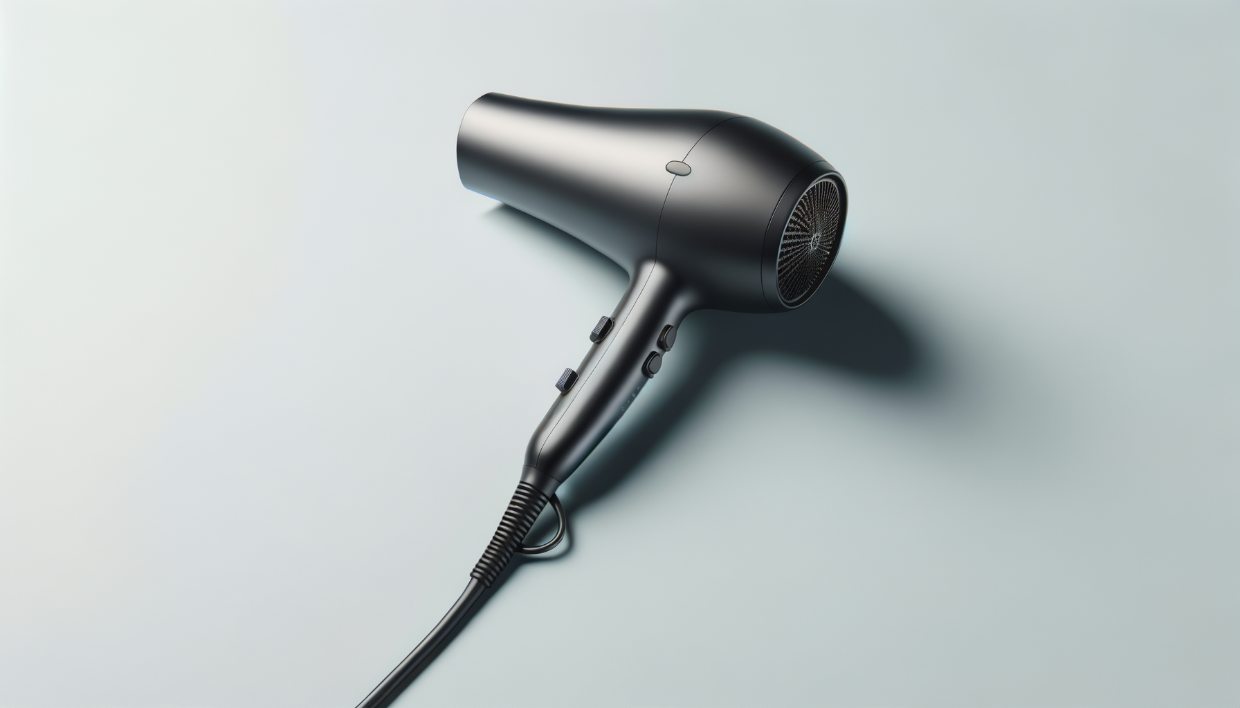 Black professional hairdryer with buttons, on a light background, casting a shadow.