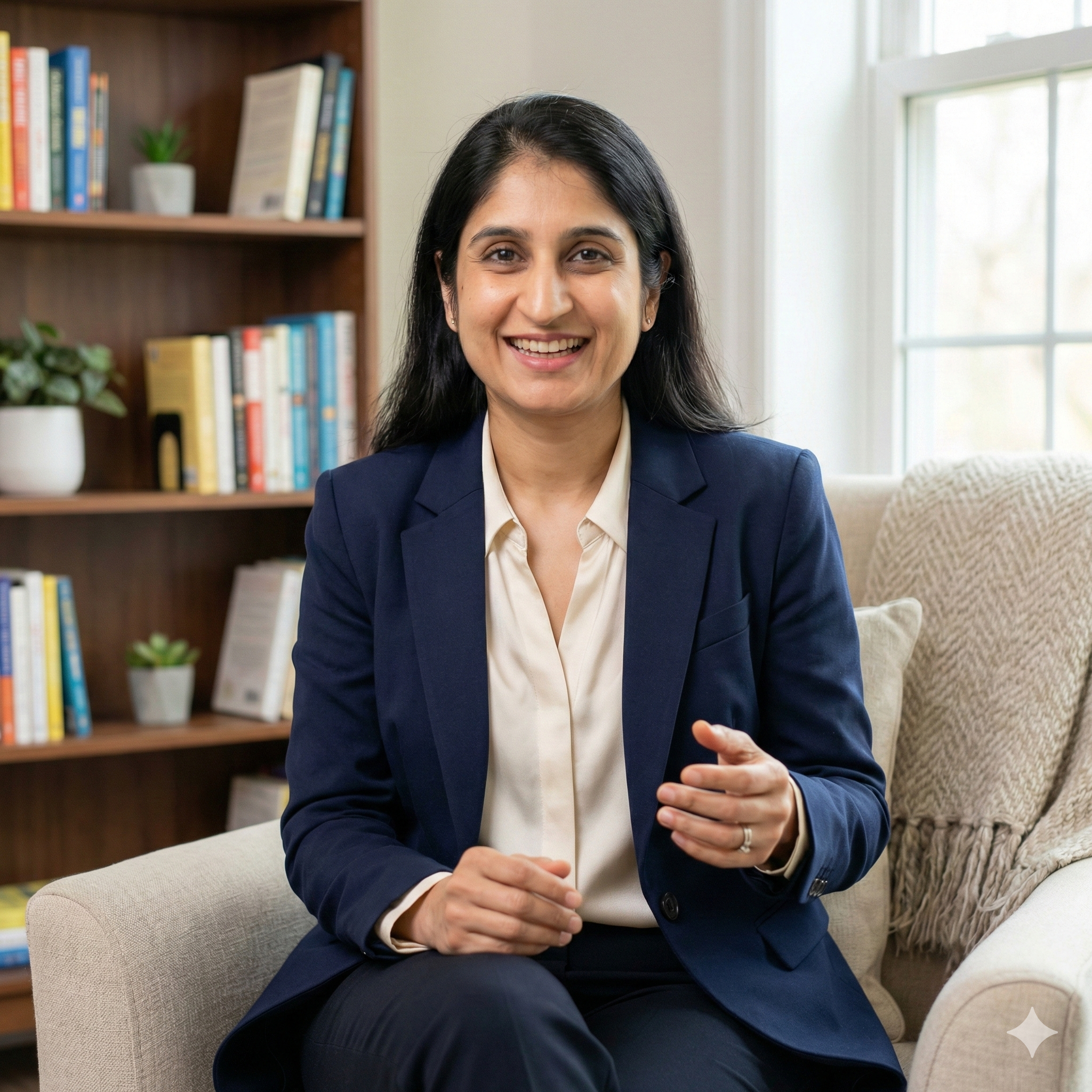 Nidhi Gurnani with long dark hair smiling and sitting on a beige couch in a well-lit room with bookshelves and a window behind her.