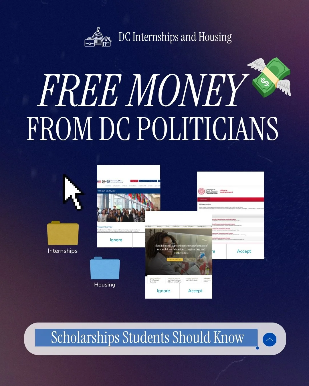 PSA: openings &amp; deadlines approaching! 💰 

~ I&rsquo;m making this new series to let you know that MANY politicans have scholarships for students (tuition coverage, internships, &amp; EVEN international travel). 

💌 Check out our page &amp; web
