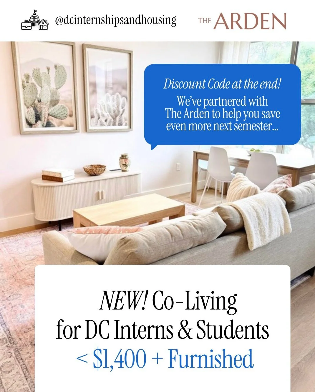 *Use code &lsquo;DCIH&rsquo; &amp; pay $0 to apply! 😍 This one is for my DC interns &amp; students ~

If you want a ✅ safe &amp; affordable, newly renovated AND furnished, &amp; centrally located spot for next semester (Jan - July),📍The Arden is yo