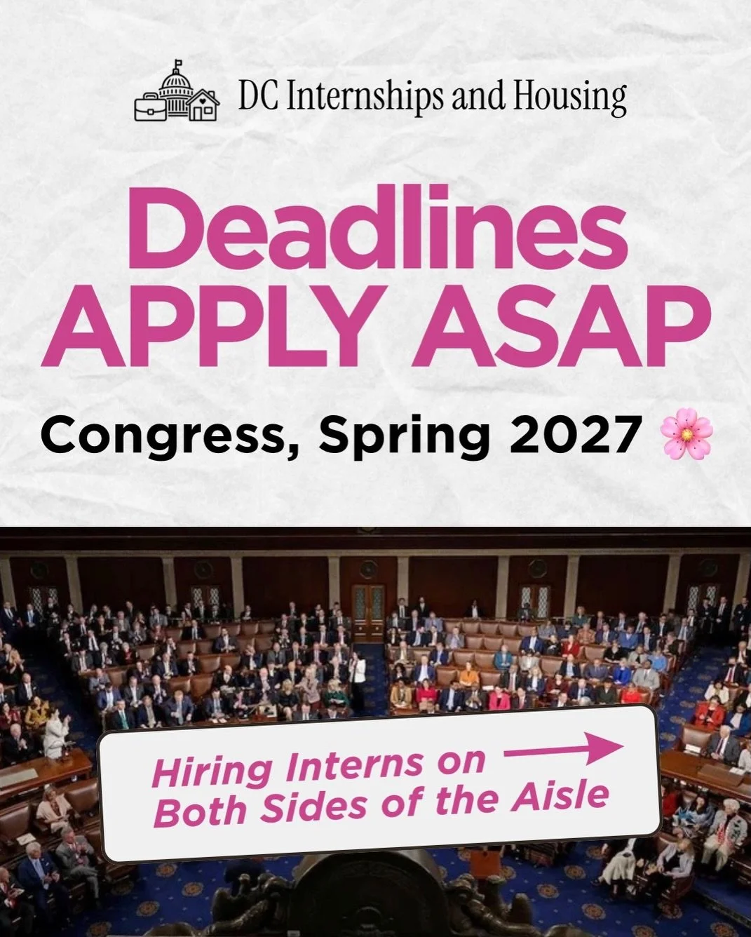 Open NOW &amp; Closing SOON 🌸🤞🏼🩷 Start applying for next year! Next semester fills up fast- and you want to get ahead ~

💌 We send out 500+ DC internships with deadlines like these every week (link in bio) + repost MORE on LinkedIn 👋🏼

#intern